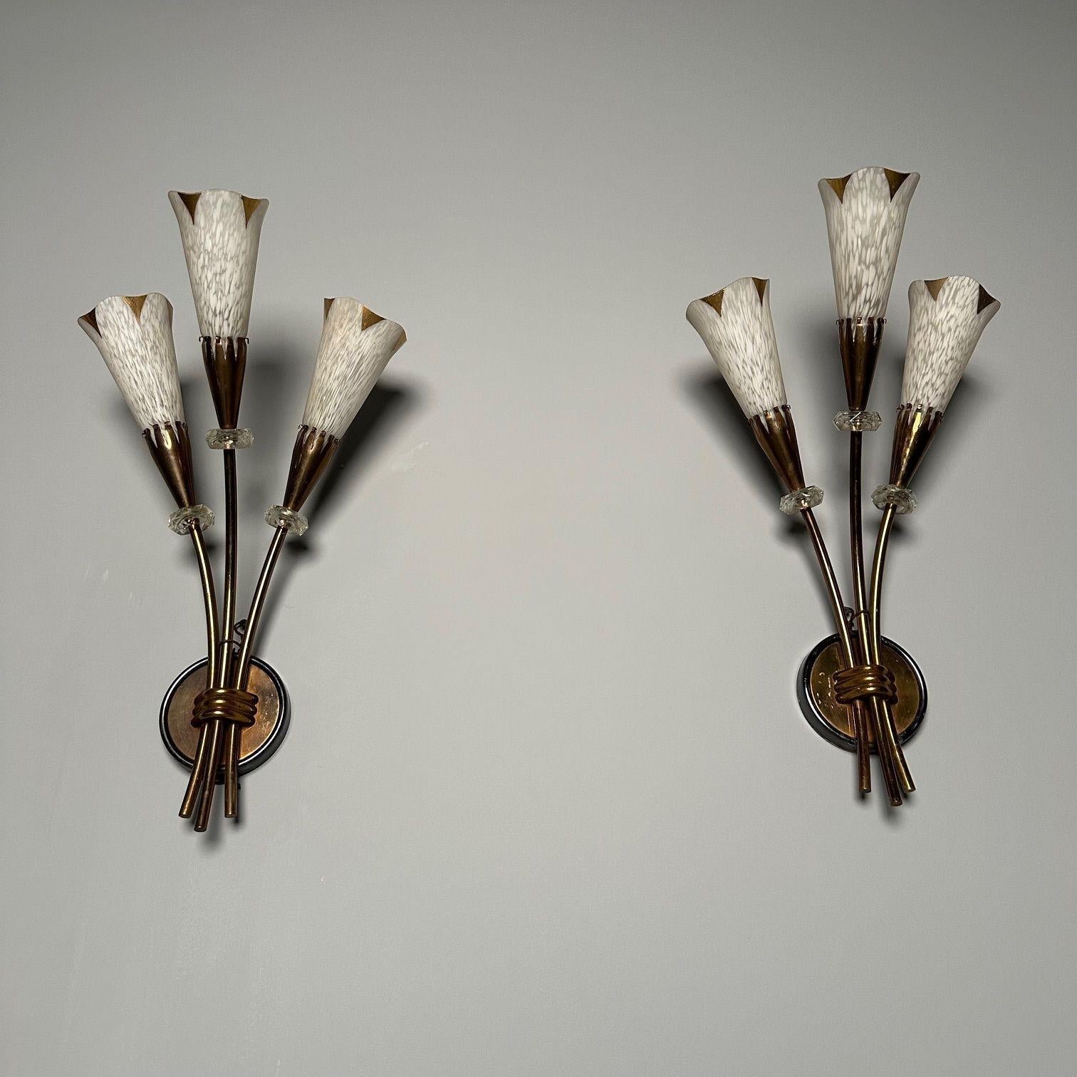 Mid-20th Century French Mid-Century Modern, Three Arm Sconces, Brass, Crystal, France, 1950s For Sale