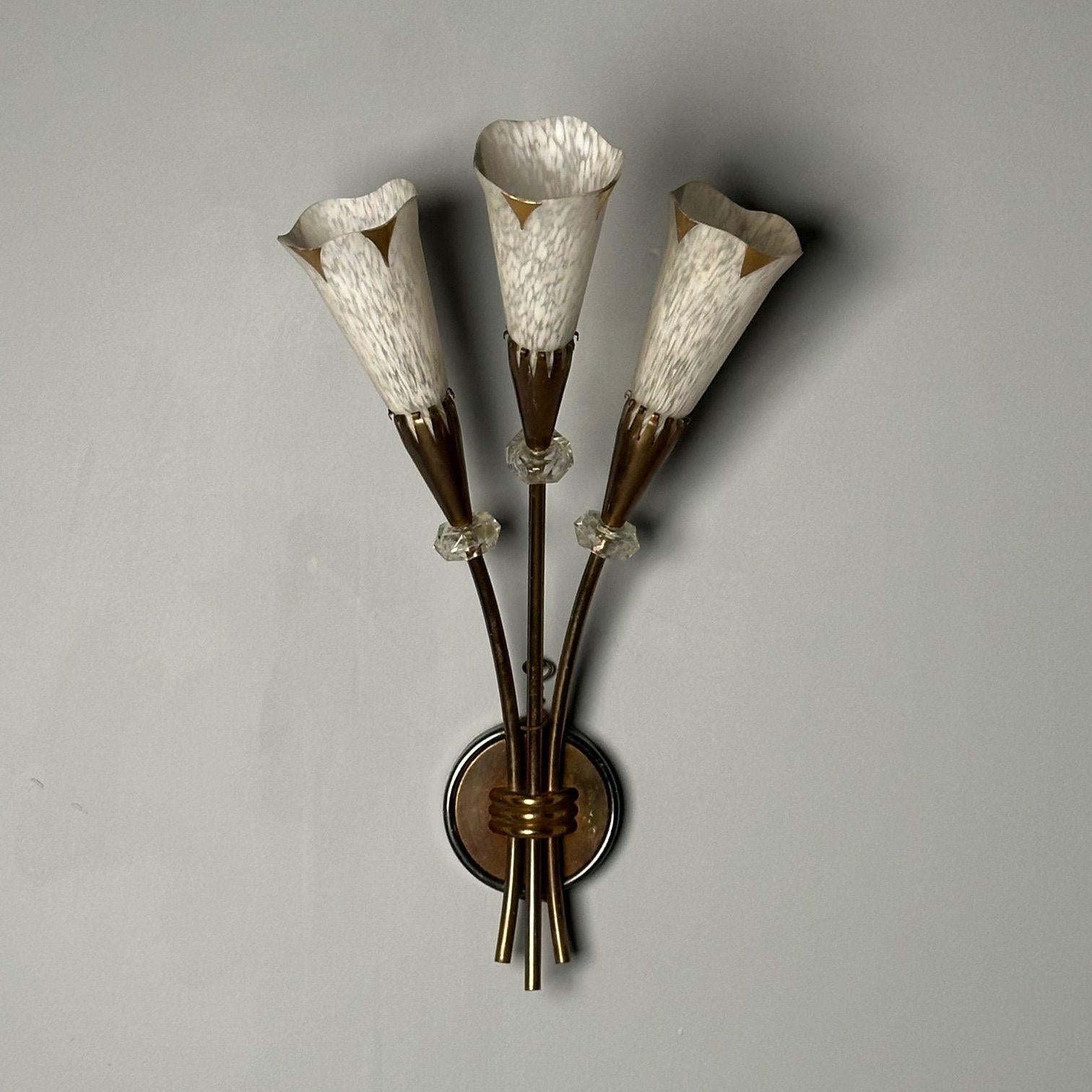 French Mid-Century Modern, Three Arm Sconces, Brass, Crystal, France, 1950s For Sale 4