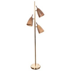 French Mid-Century Modern Three Shade Grasscloth and Brass Floor Lamp