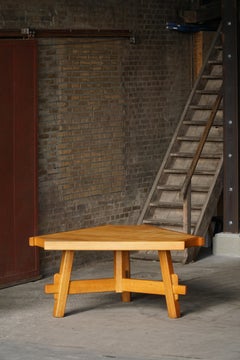 French Mid Century Modern, Triangular Brutalist Dining Table in Oak, 1960s