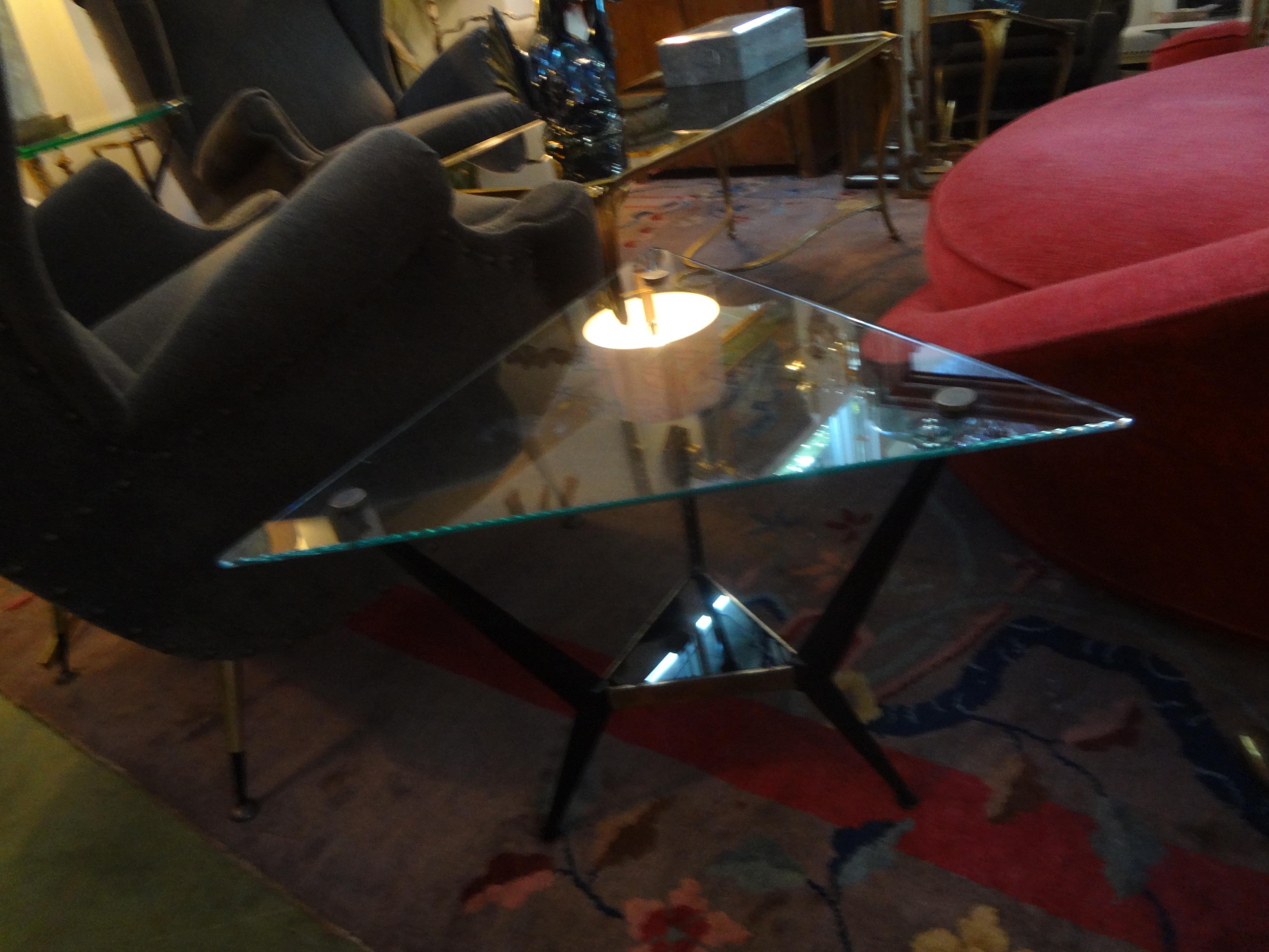 French Mid-Century Modern Triangular Shaped Iron and Glass Table 6