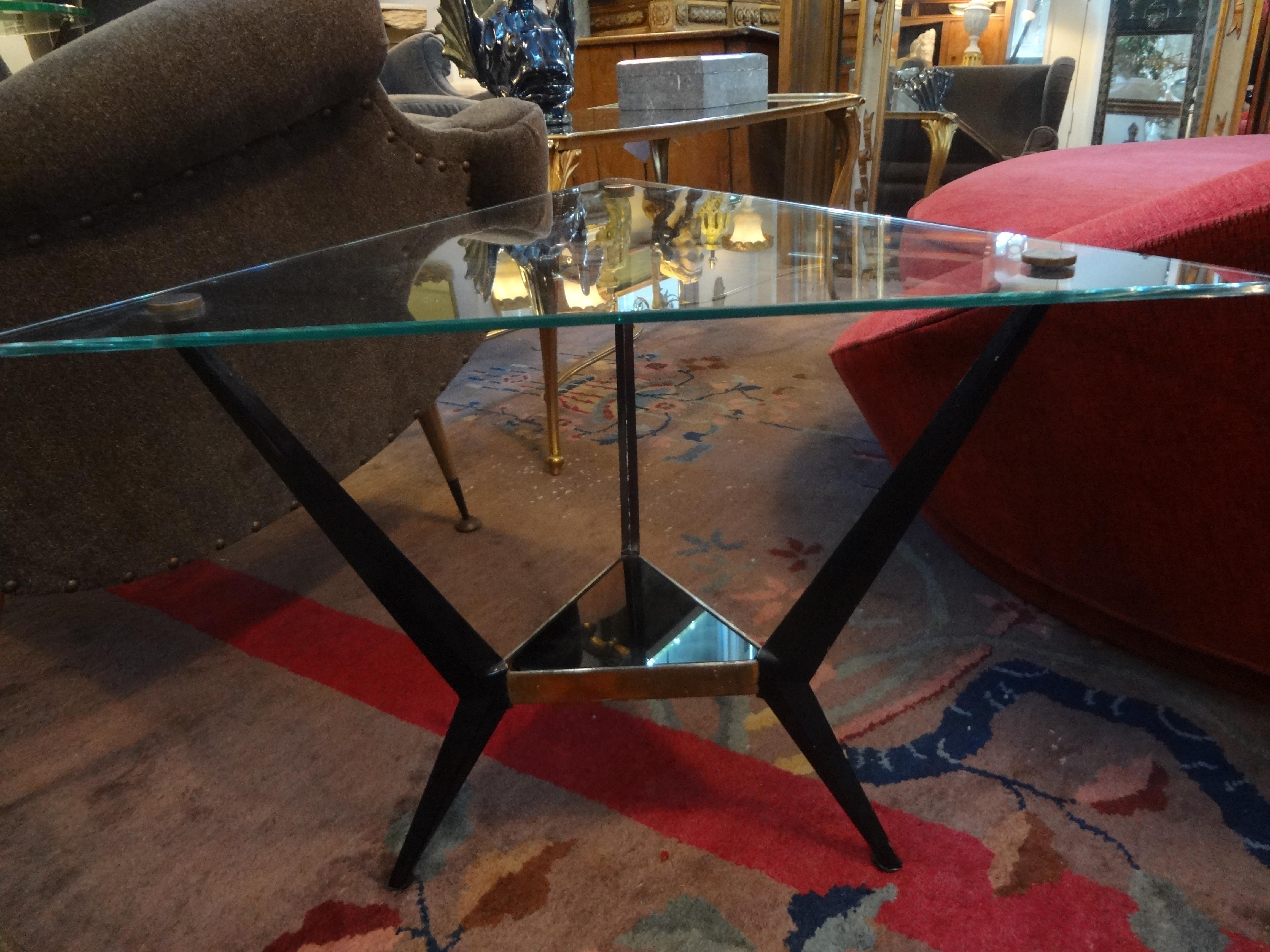 French Mid-Century Modern Triangular Shaped Iron and Glass Table 1