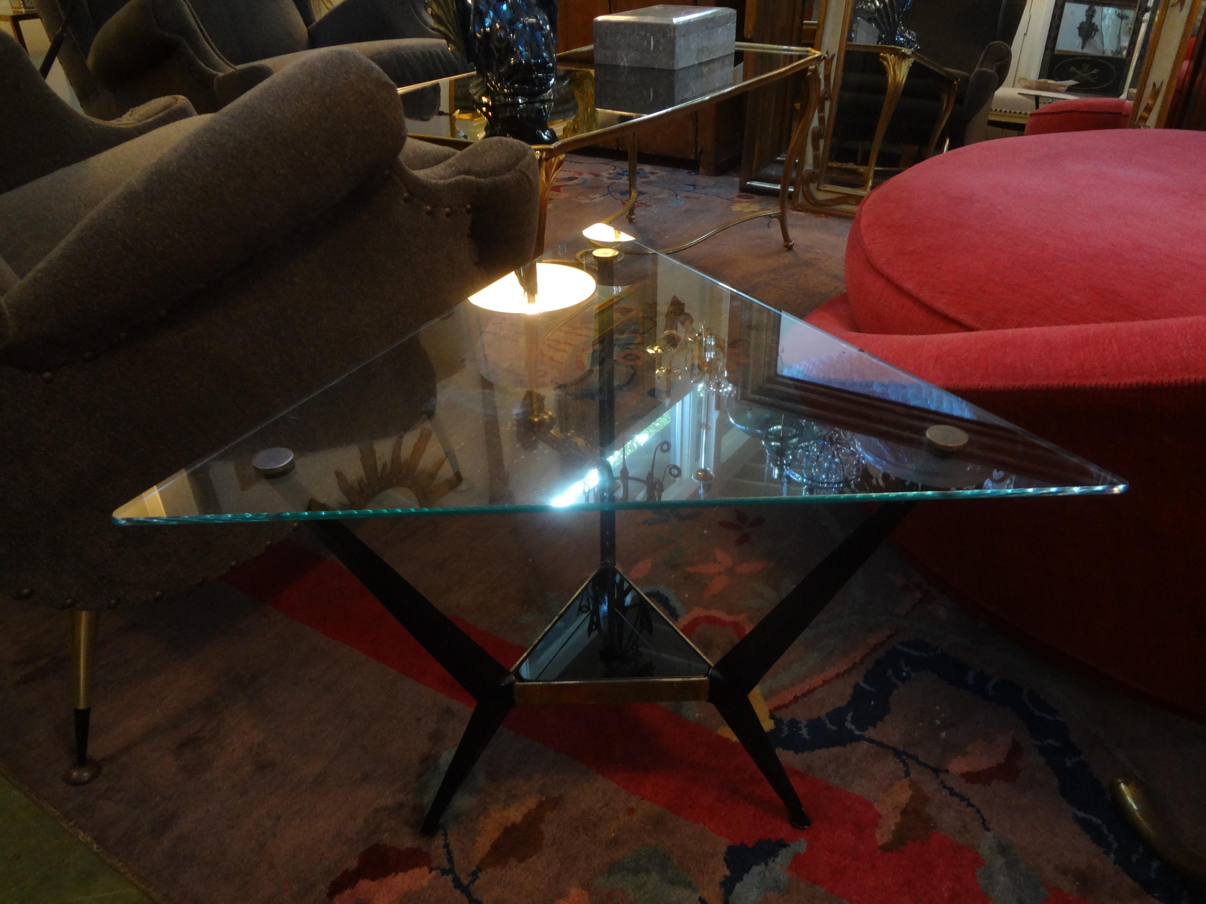 French Mid-Century Modern Triangular Shaped Iron and Glass Table 2