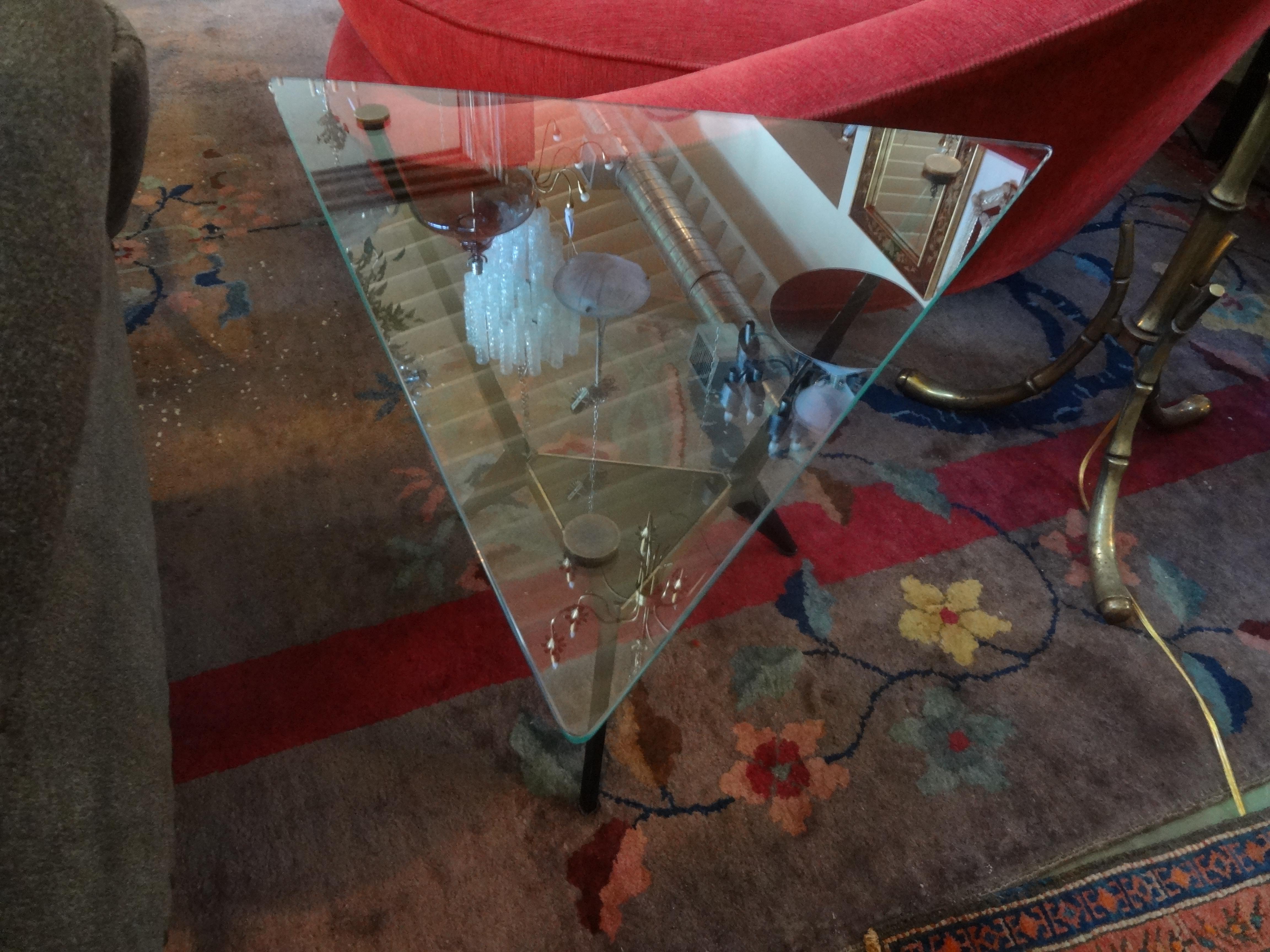 French Mid-Century Modern Triangular Shaped Iron and Glass Table 4