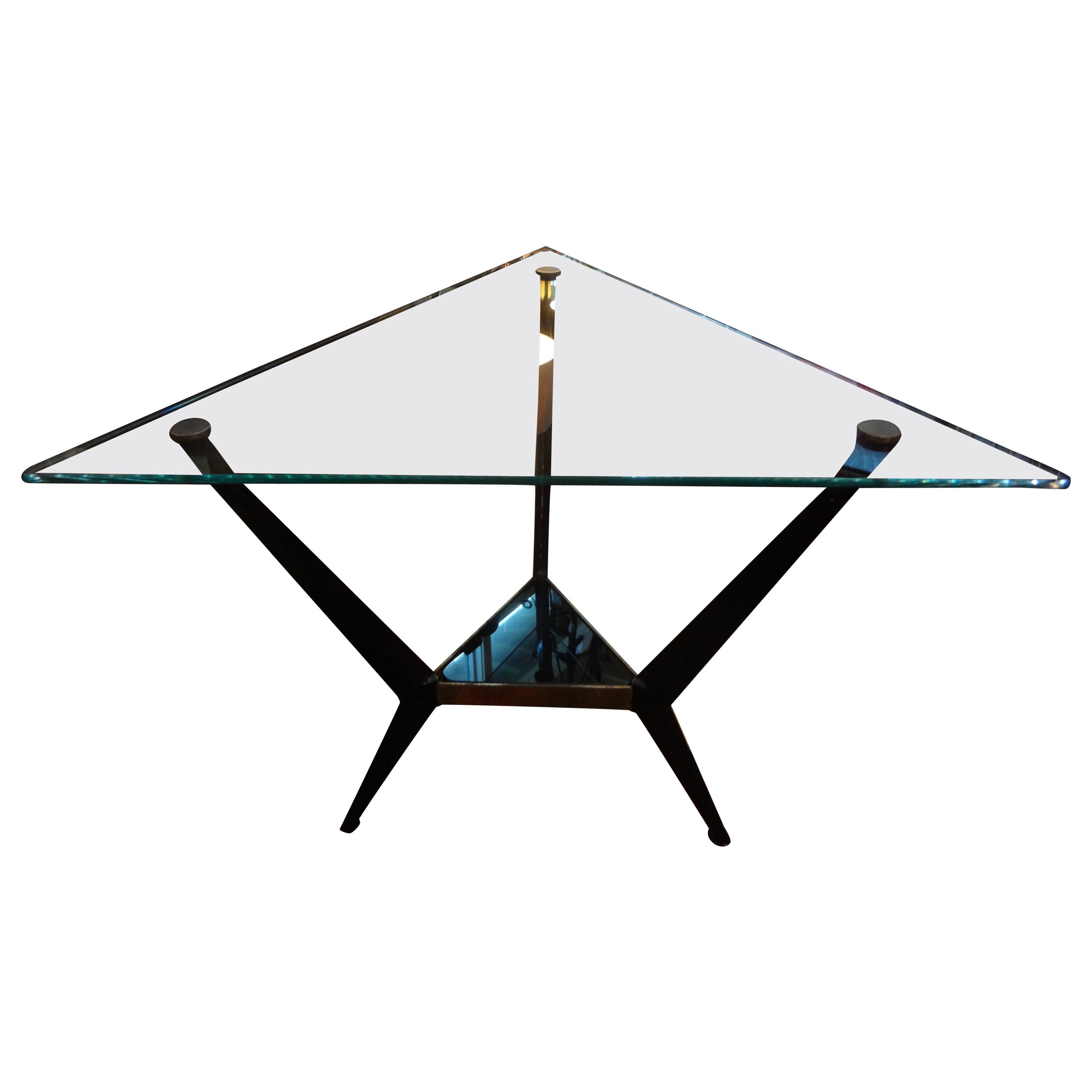 French Mid-Century Modern Triangular Shaped Iron and Glass Table