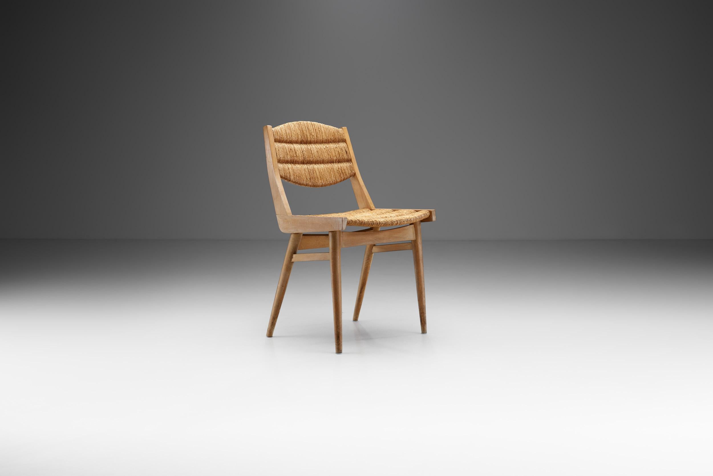 French Mid-Century Modern Wood and Cane Chair, France ca 1950s In Good Condition In Utrecht, NL