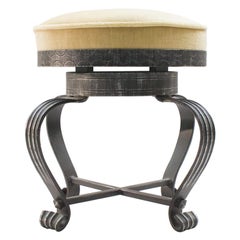 French Mid-Century Modern Wrought Iron and Velvet Stool