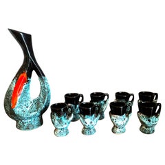 French Mid-Century Modernism Pitcher and Eight Cups Set by Vallauris Faience