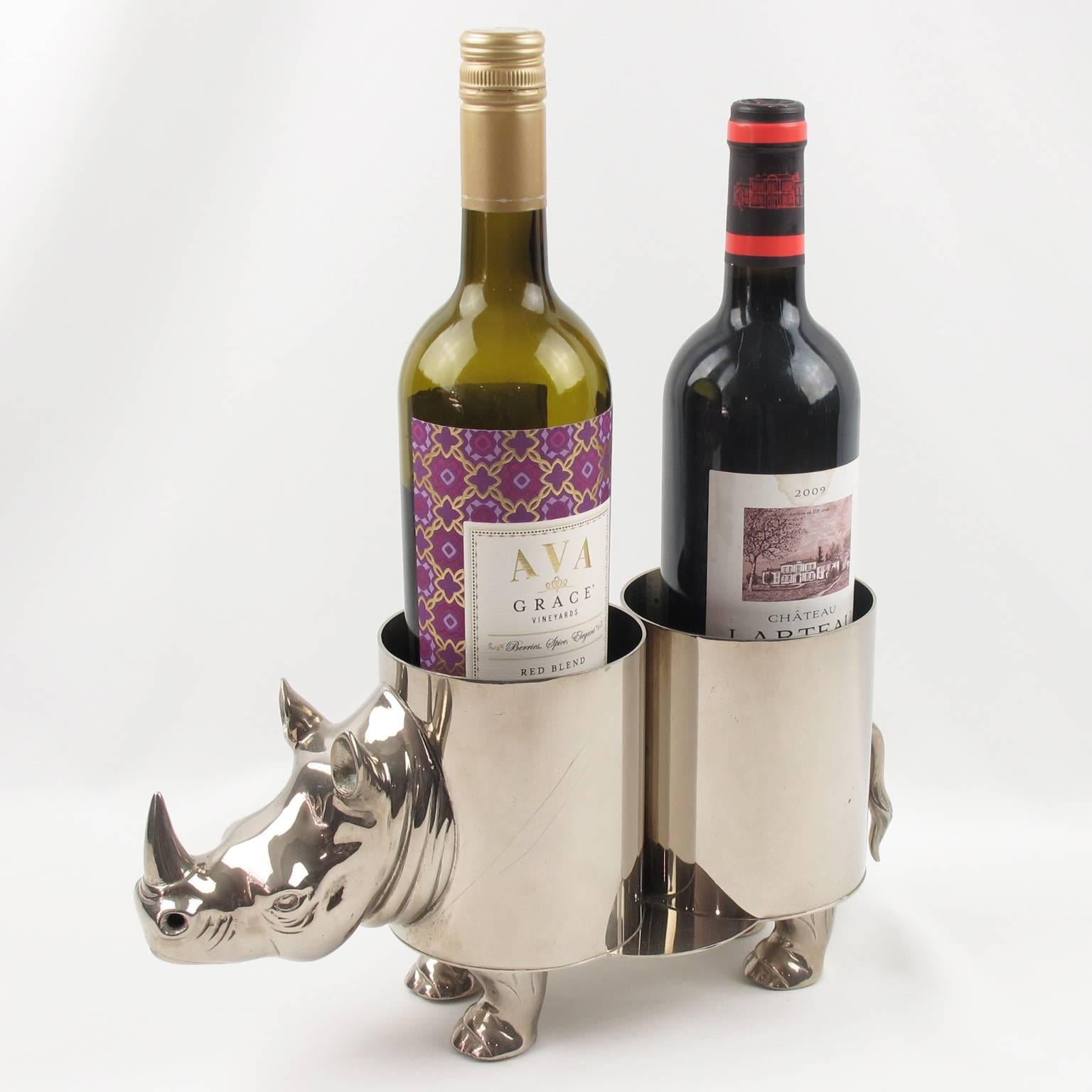 Stylish French Mid-Century Modern nickel-plated wine cooler. This ultra chic bottle holder features a whimsical sculpture of a large rhinoceros with two cylindrical holders in the centre of its back perfect for accommodating two wine or champagne