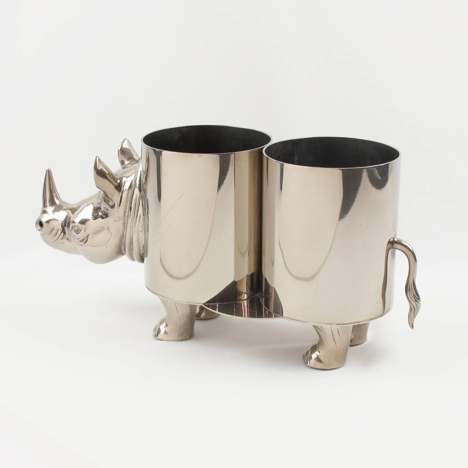 Plated French 1970s Modernist Polished Nickel Rhinoceros Bottle Holder