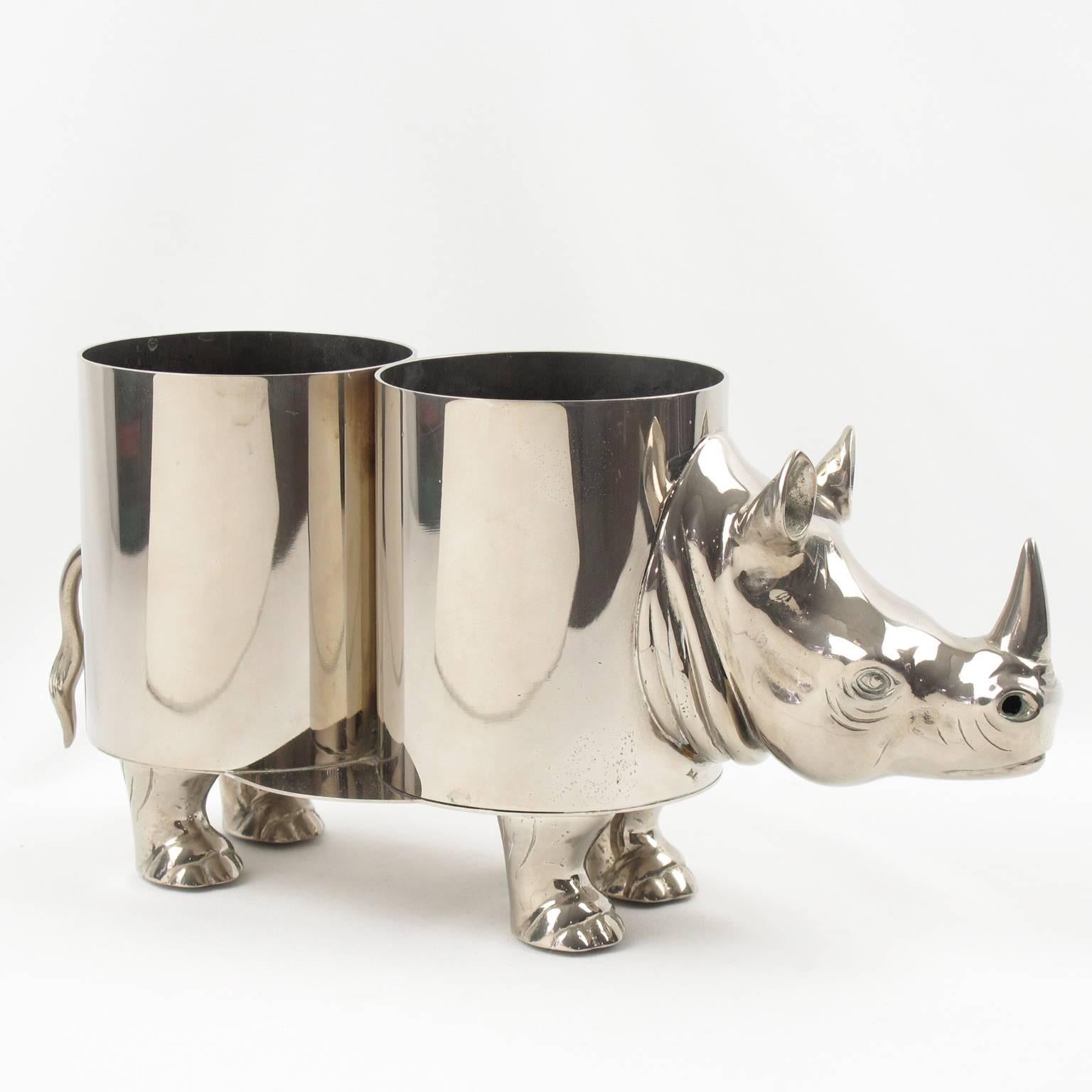 Late 20th Century French 1970s Modernist Polished Nickel Rhinoceros Bottle Holder