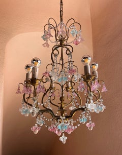 French Mid Century Murano Glass Crystal Floral Chandelier 1950s