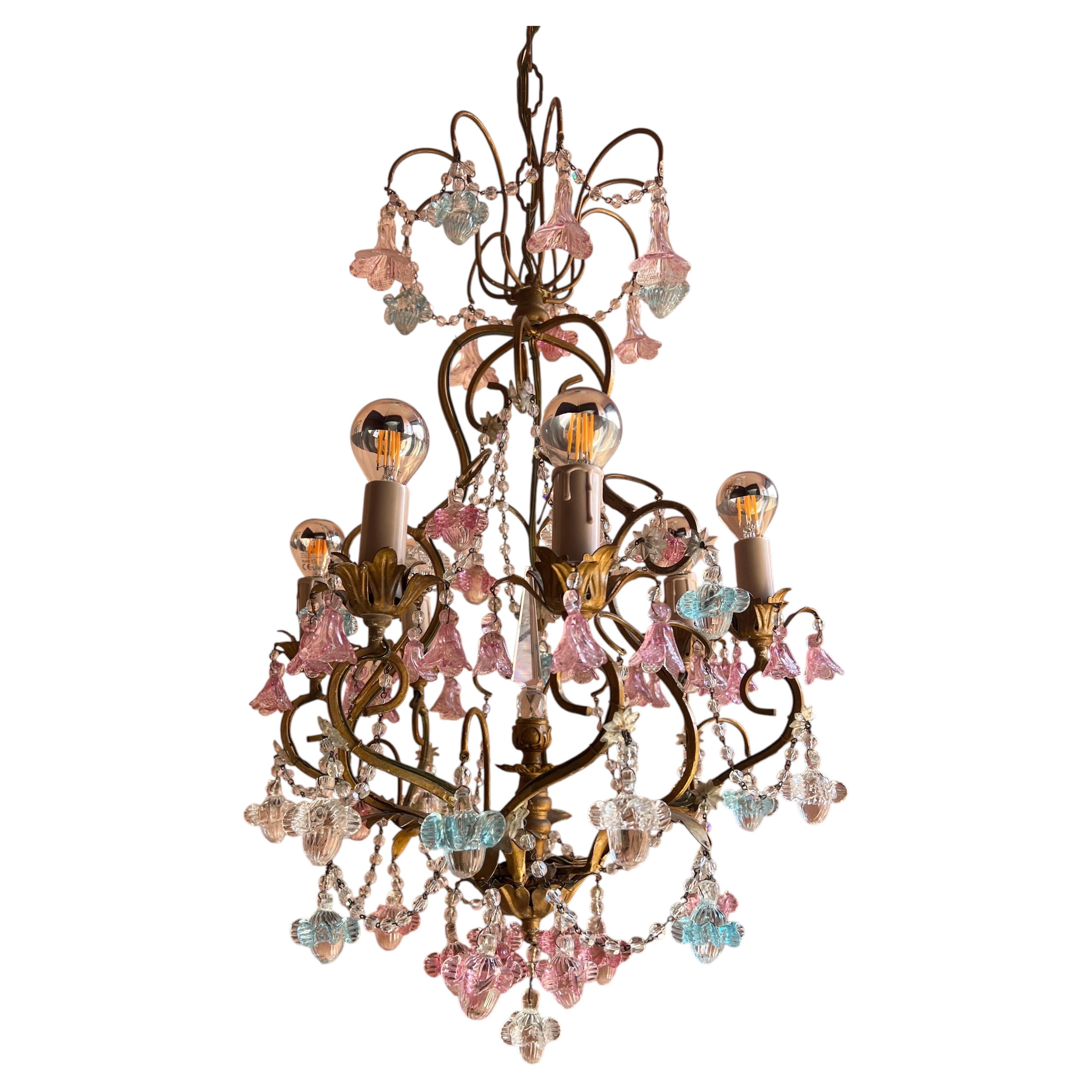 French Mid Century Murano Glass Crystal Floral Chandelier 1950s