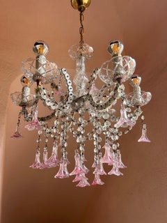 Lámpara de araña francesa de cristal de Murano con motivos florales de mediados de siglo, cristal rosa, década de 1950