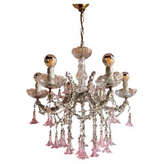 Lustre floral français en verre de Murano du milieu du siècle, cristal rose, années 1950
