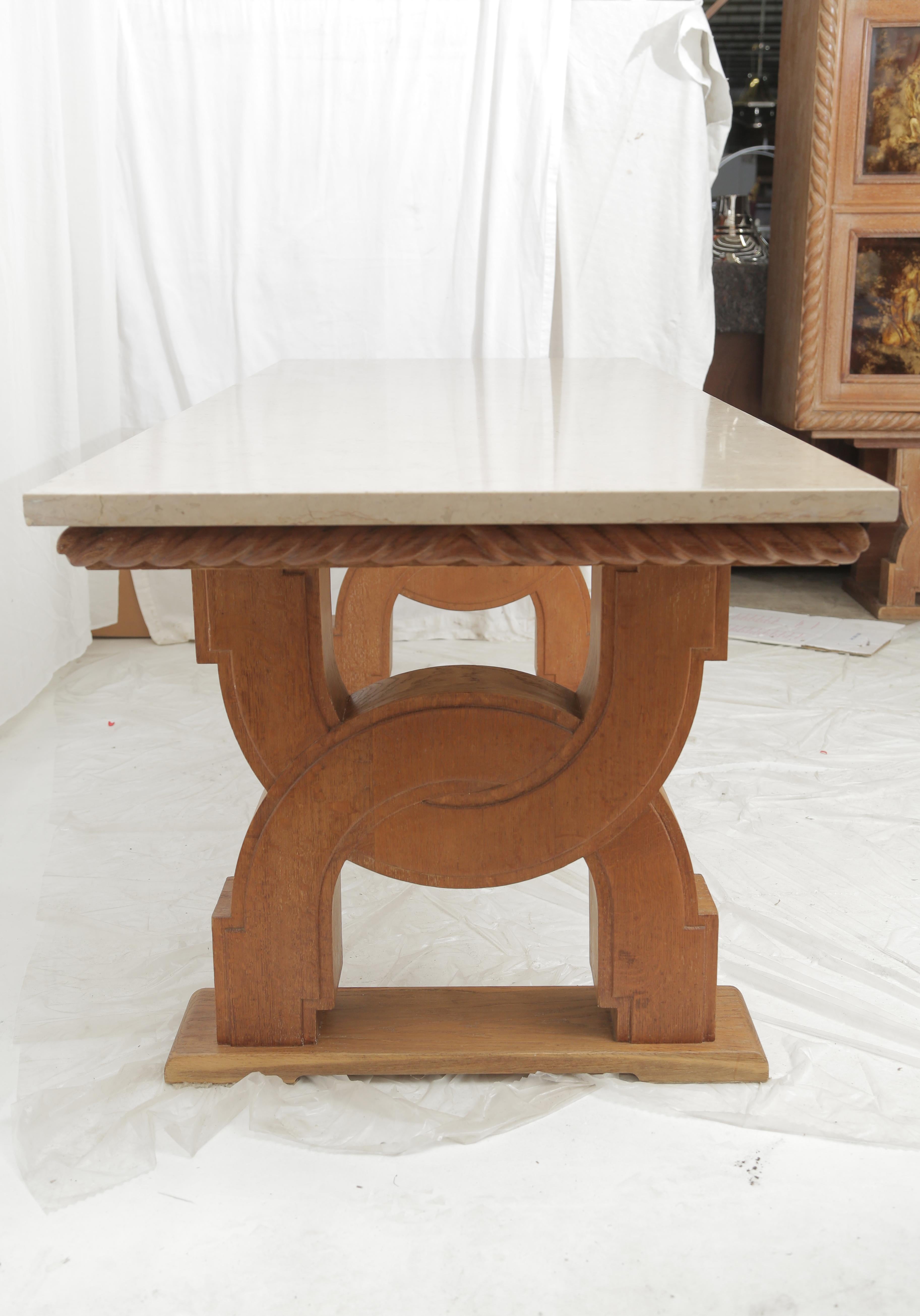 Mid-20th Century Midcentury J Charles Moreaux Sty Beige Stone Top Carved Oak Base Dining Table