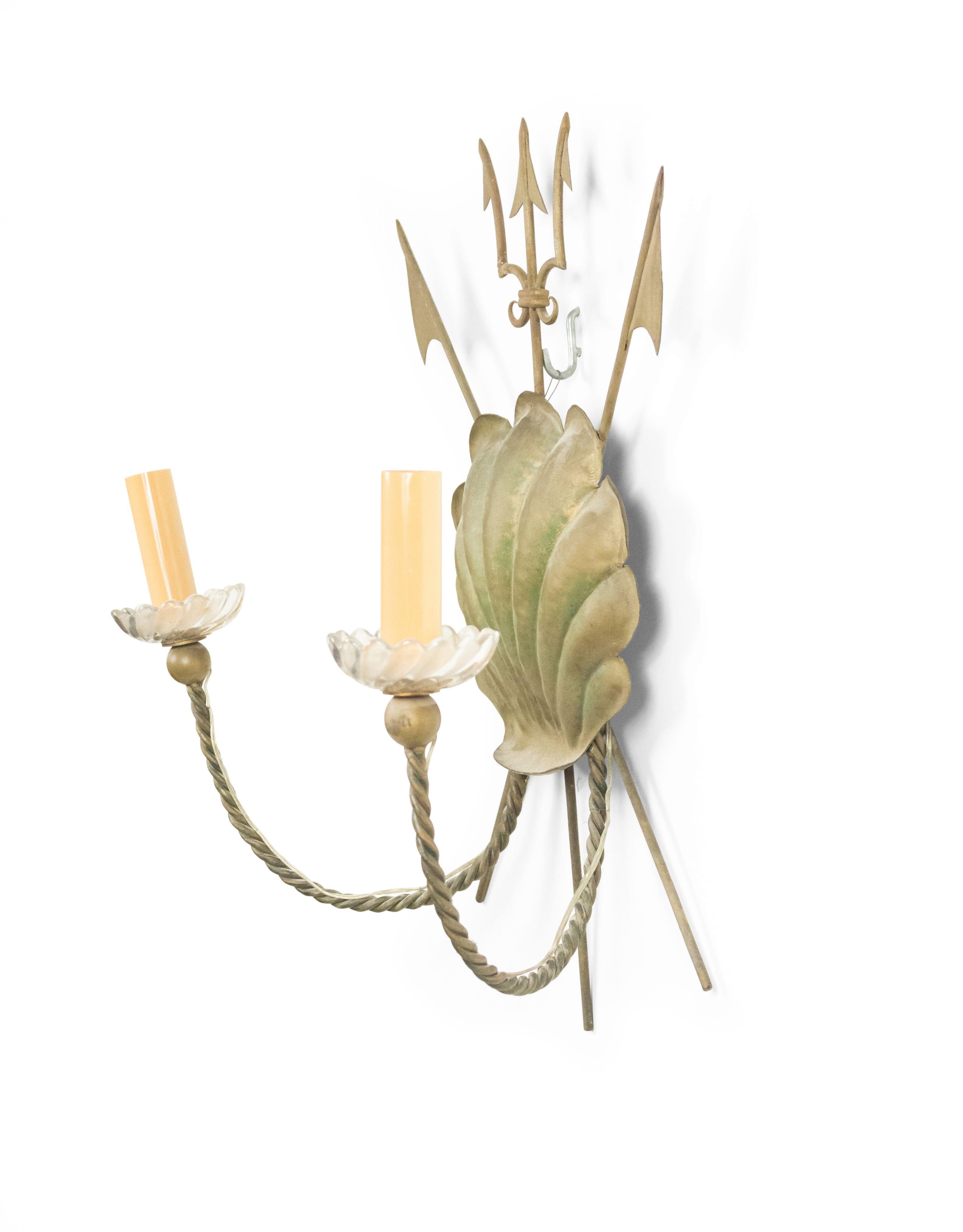 French 1940s nautical brass rope and trident 2-arm wall sconce with shell medallion and crystal bobeche.