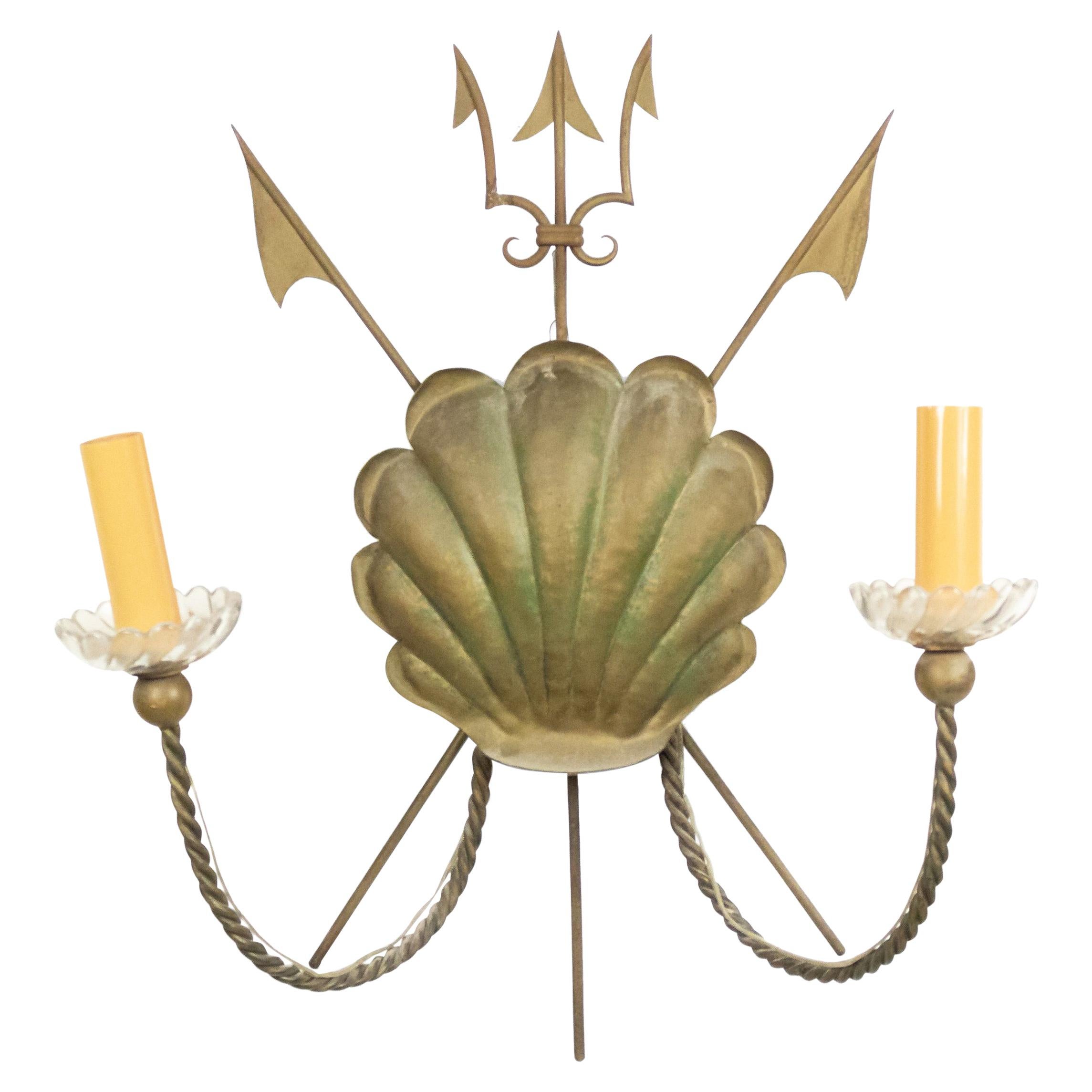 French Midcentury Nautical Brass Shell Wall Sconce For Sale