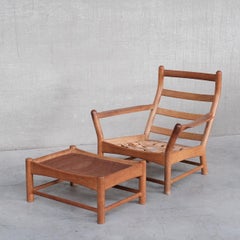French Mid-Century Oak Armchair and Stool
