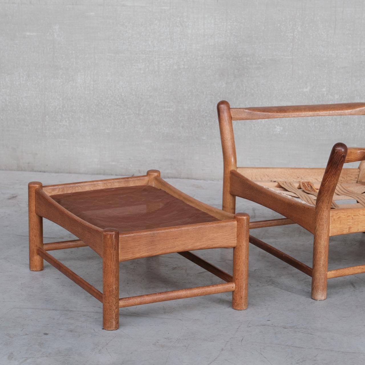 20th Century French Mid-Century Oak Armchair and Stool
