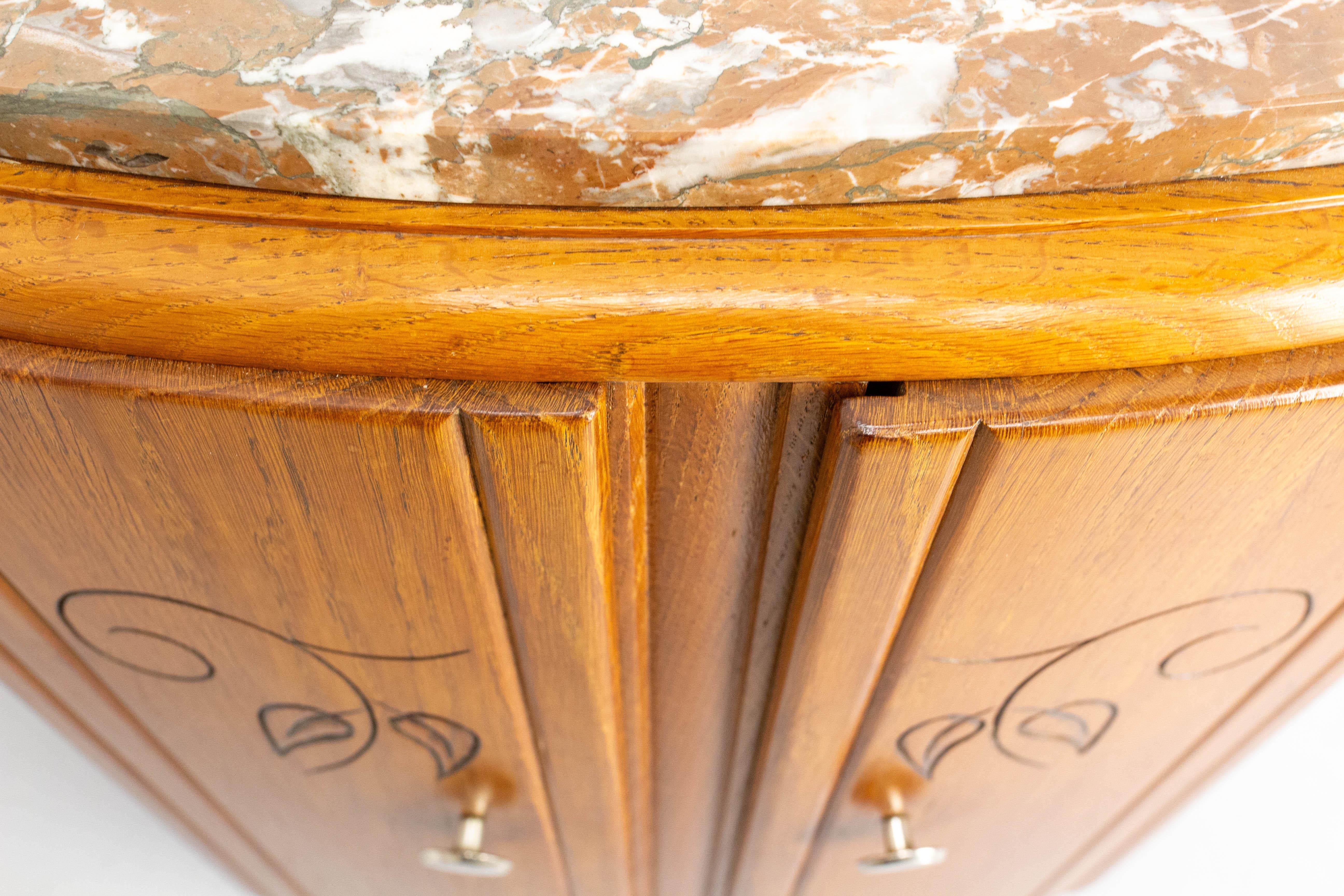 French Mid-Century Oak & Marble Top Little Cabinet, circa 1960 For Sale 5