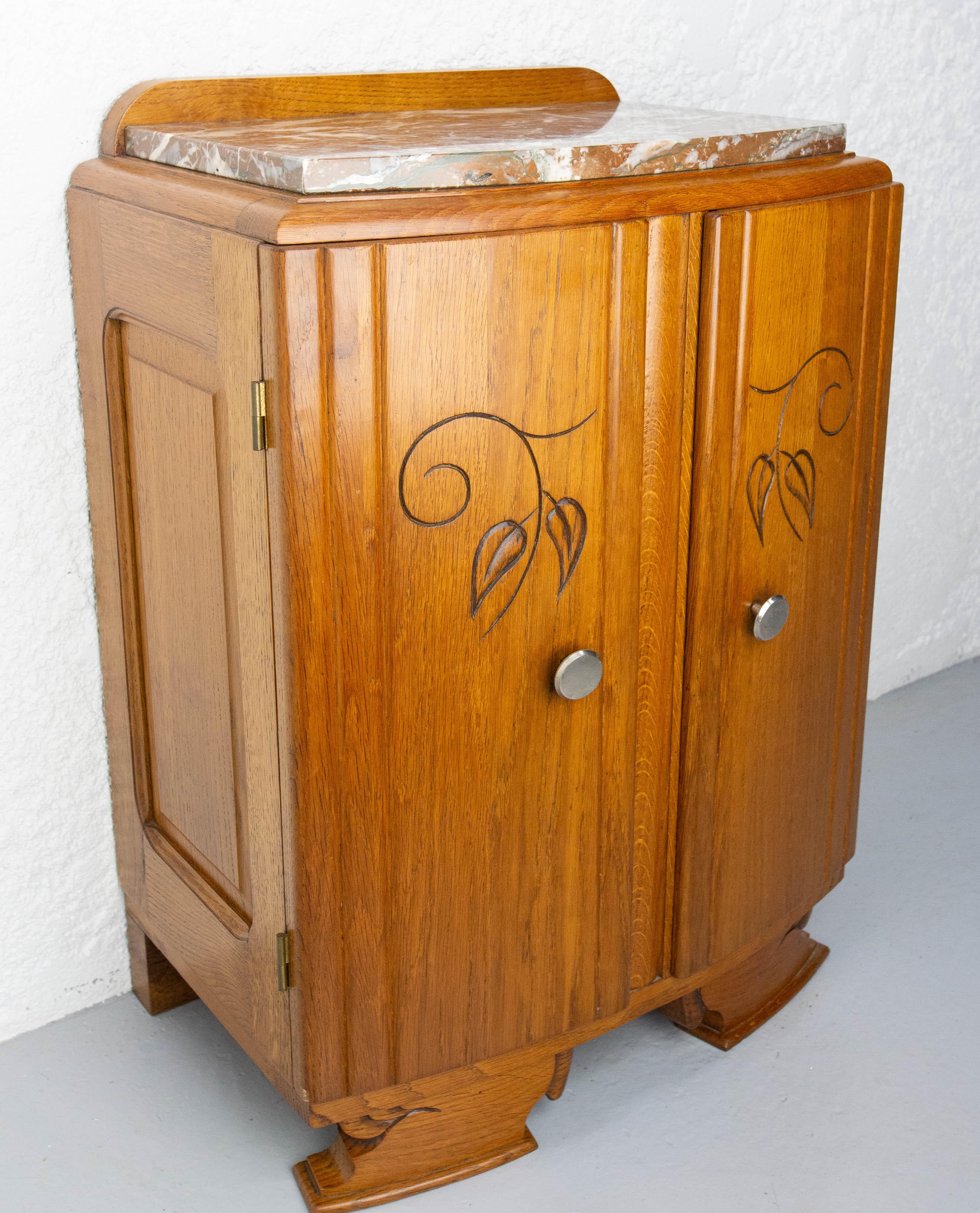 Mid-Century Modern French Mid-Century Oak & Marble Top Little Cabinet, circa 1960 For Sale