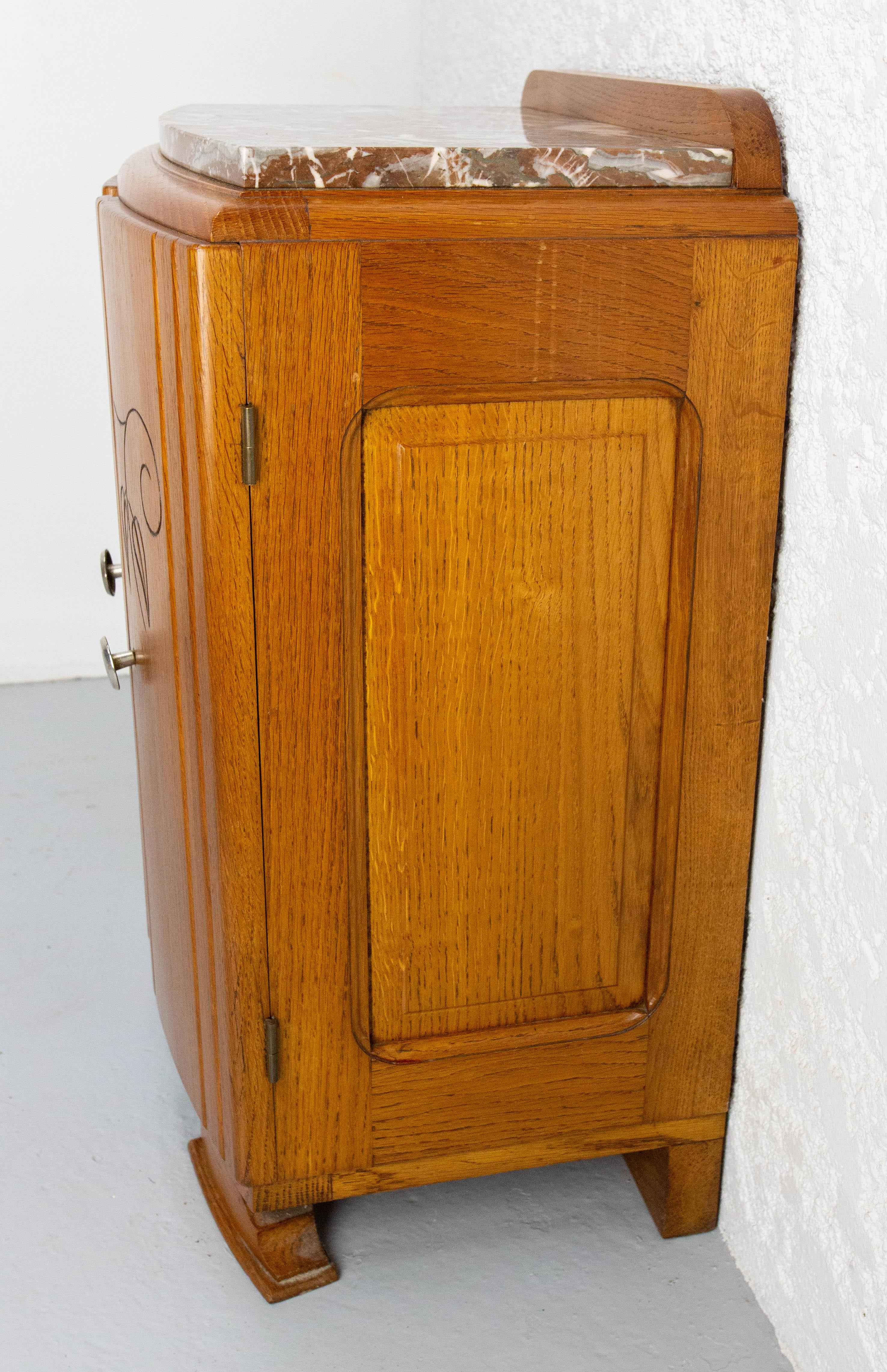 French Mid-Century Oak & Marble Top Little Cabinet, circa 1960 In Good Condition For Sale In Labrit, Landes