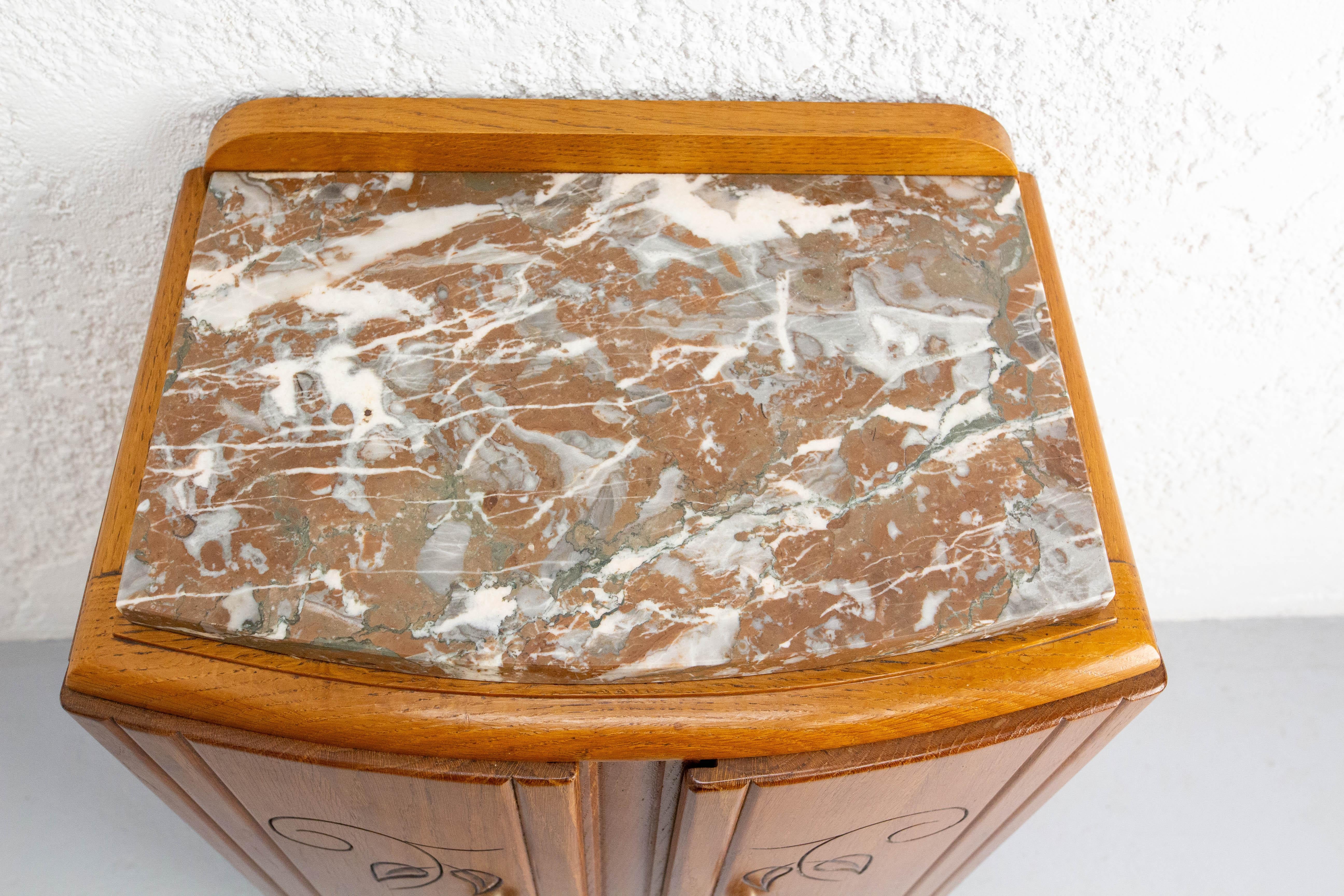 20th Century French Mid-Century Oak & Marble Top Little Cabinet, circa 1960 For Sale