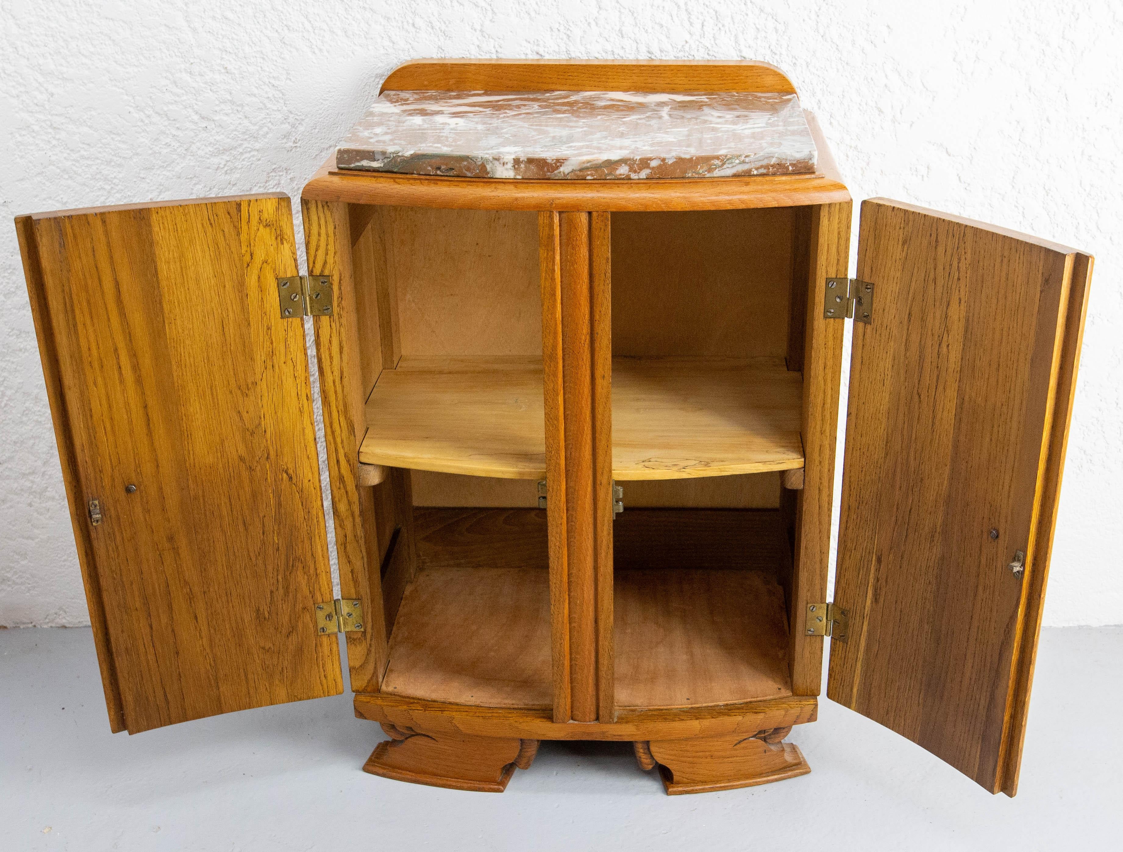 French Mid-Century Oak & Marble Top Little Cabinet, circa 1960 For Sale 1