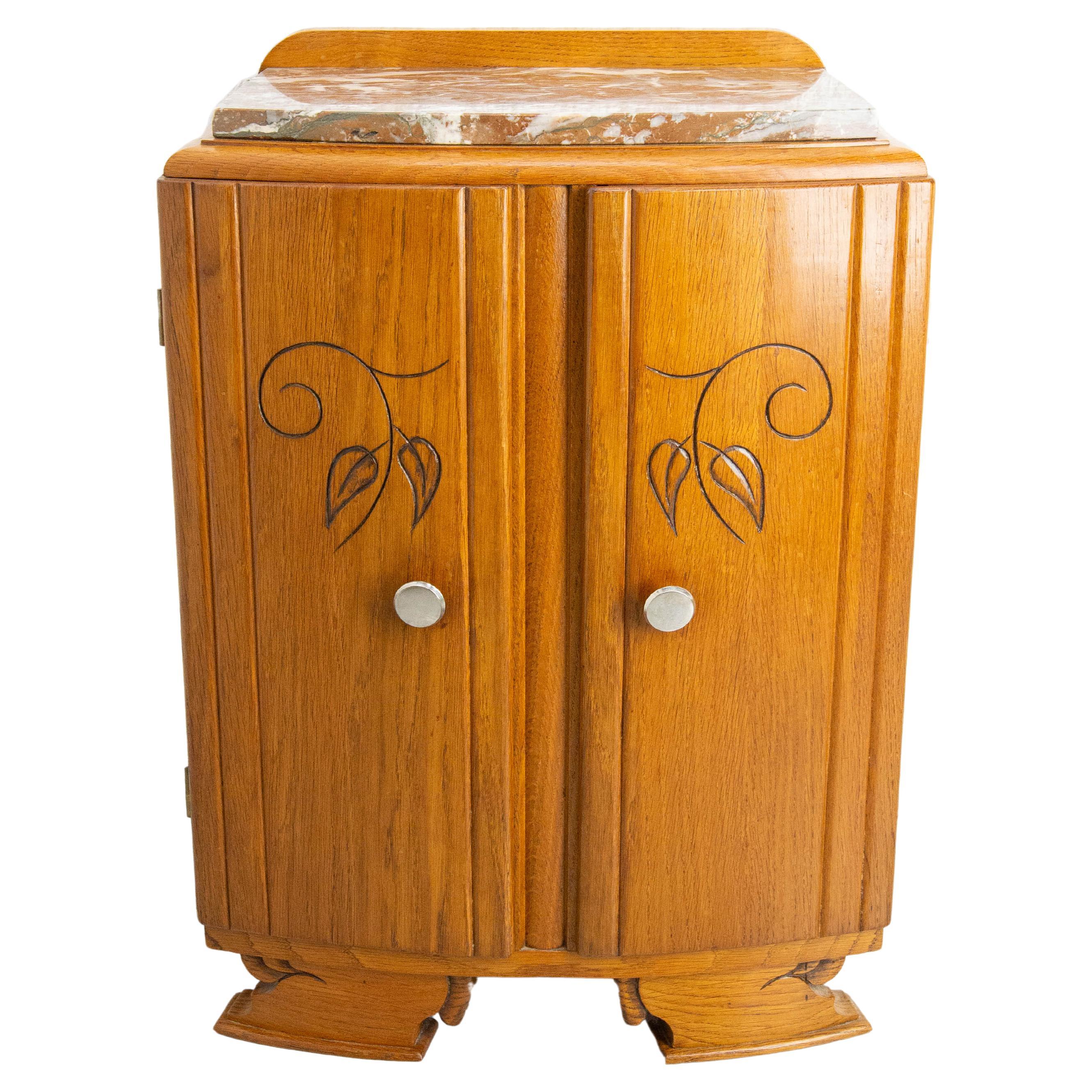 French Mid-Century Oak & Marble Top Little Cabinet, circa 1960 For Sale