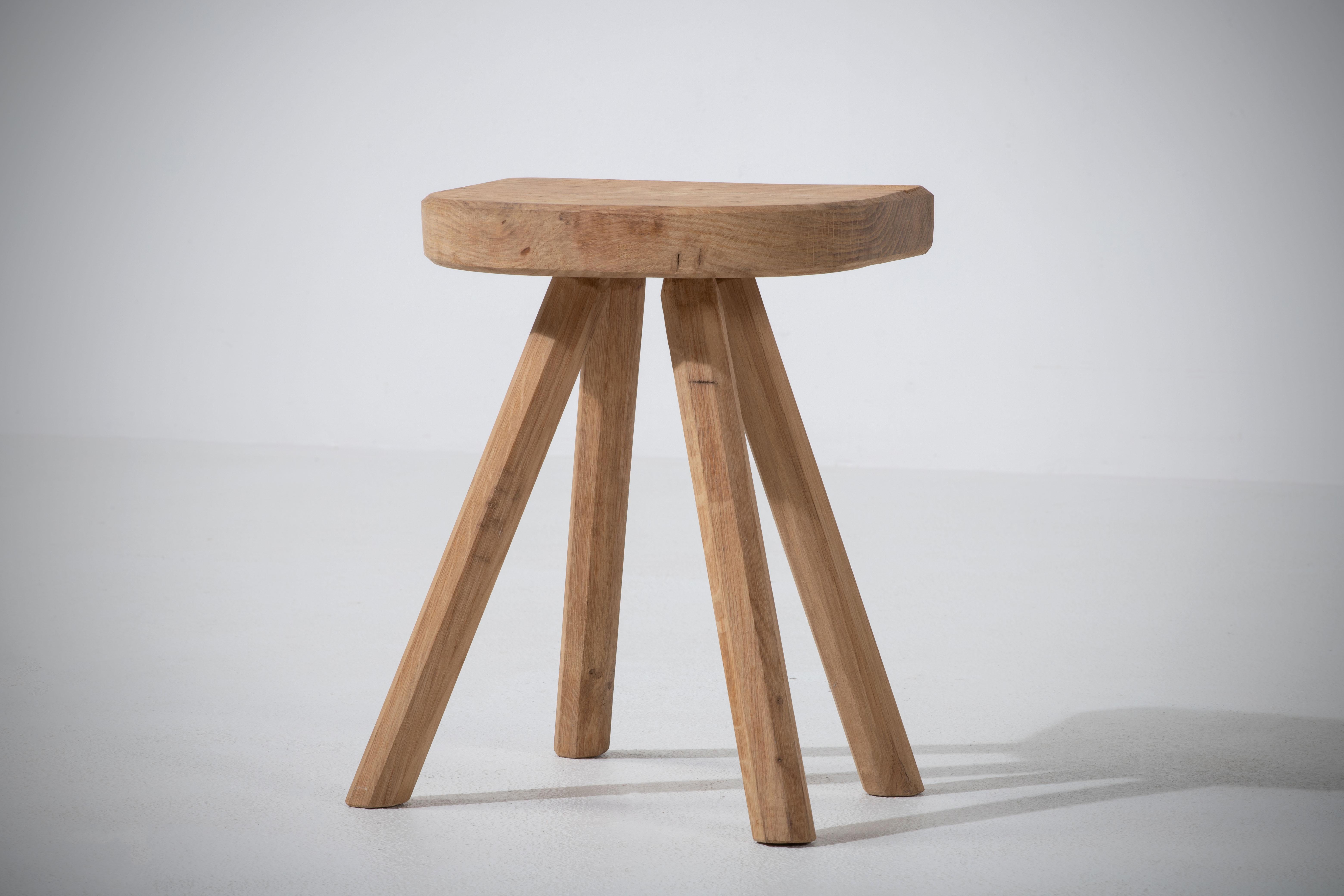 French Midcentury Oak Stool, Tripod Flared Feet, 1920s For Sale 4