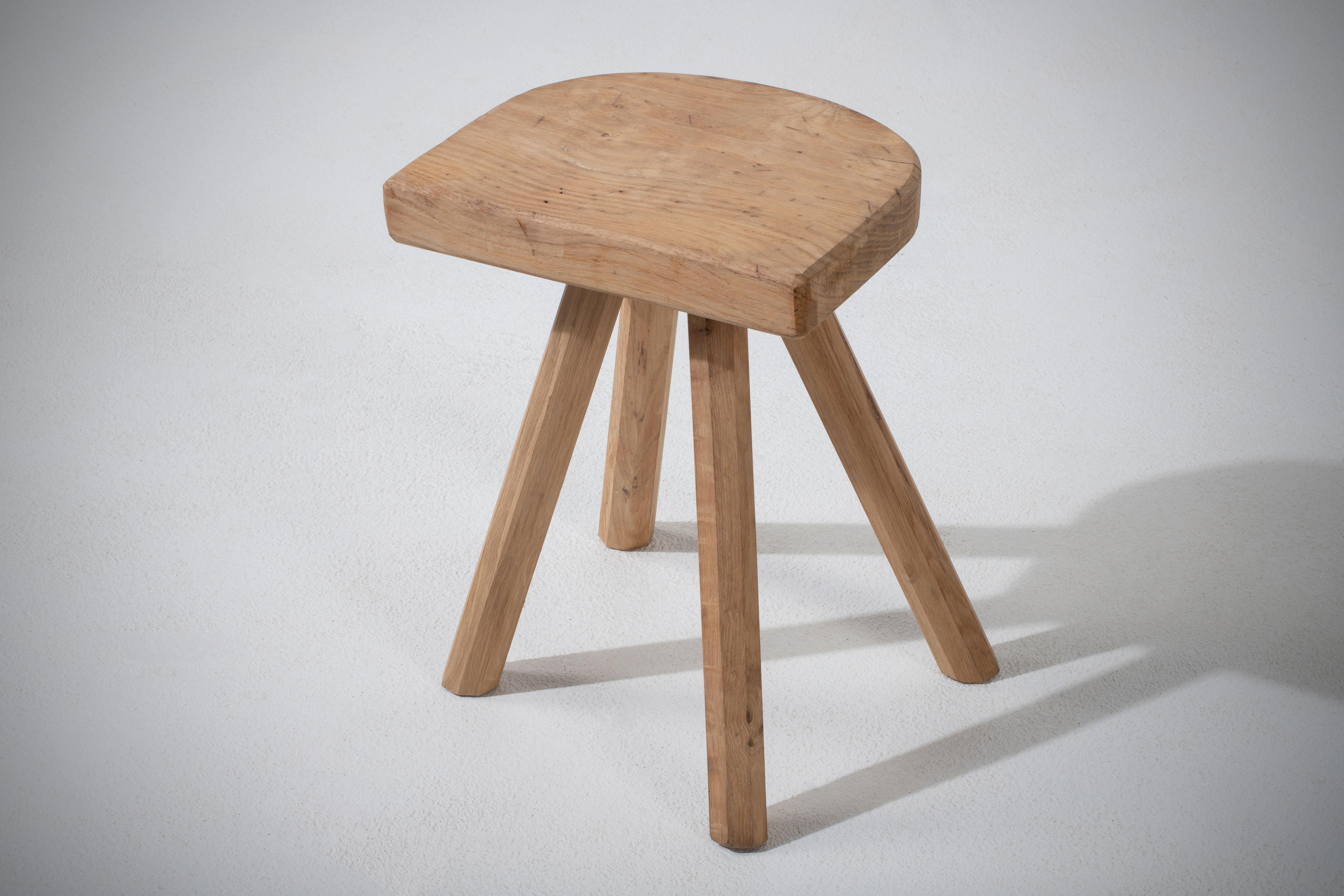 French Midcentury Oak Stool, Tripod Flared Feet, 1920s For Sale 6