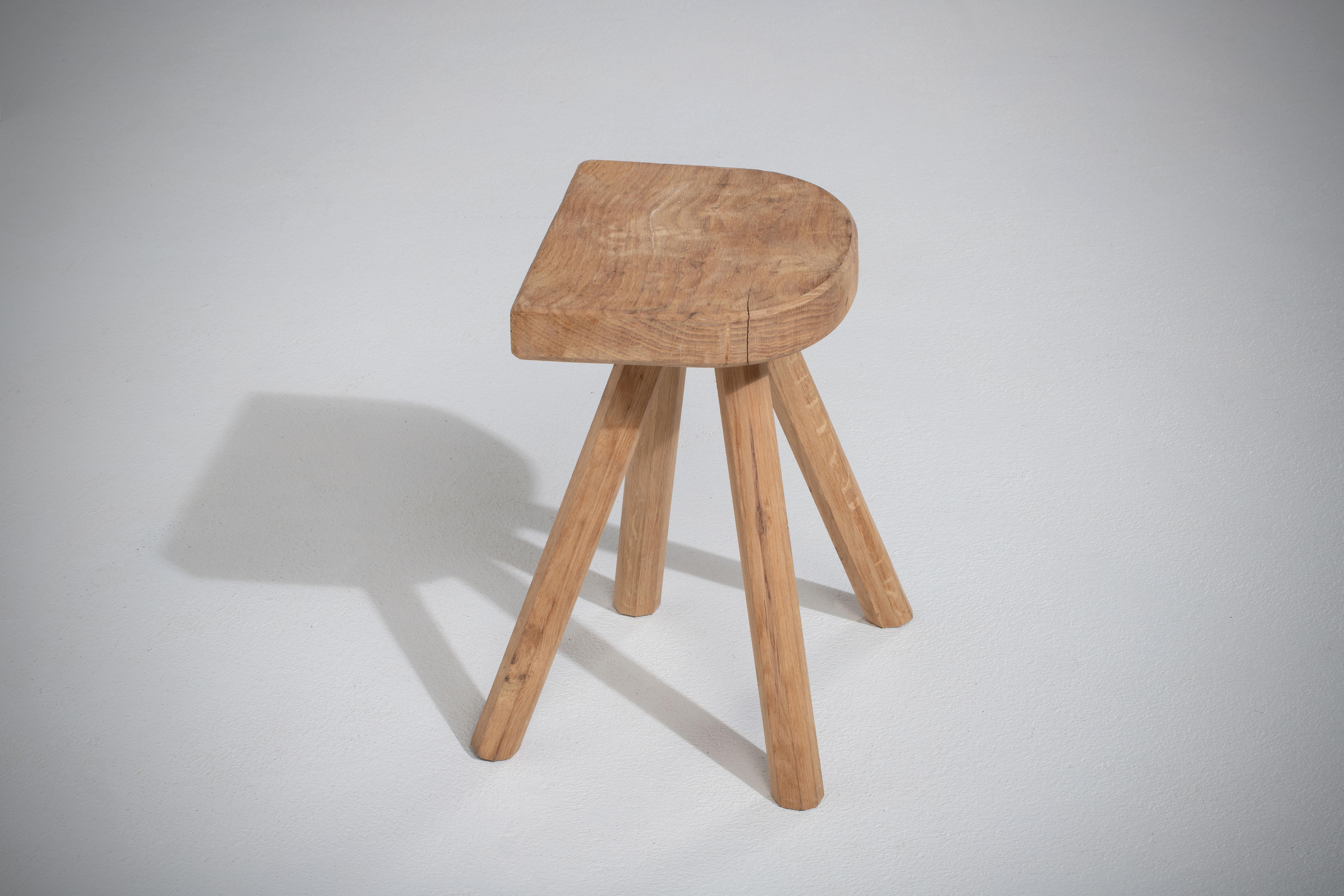 Hand-Carved French Midcentury Oak Stool, Tripod Flared Feet, 1920s For Sale