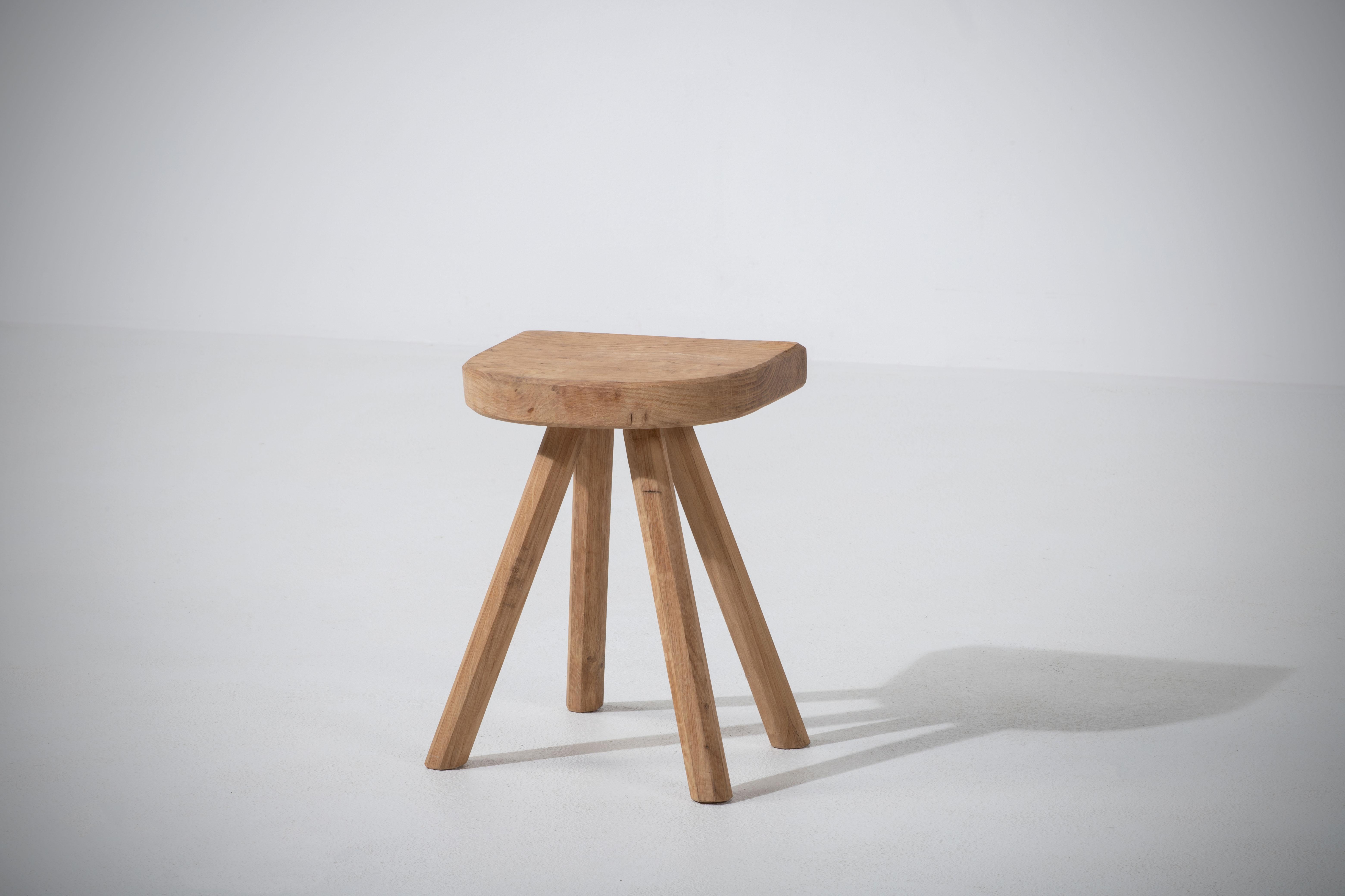 French Midcentury Oak Stool, Tripod Flared Feet, 1920s For Sale 1