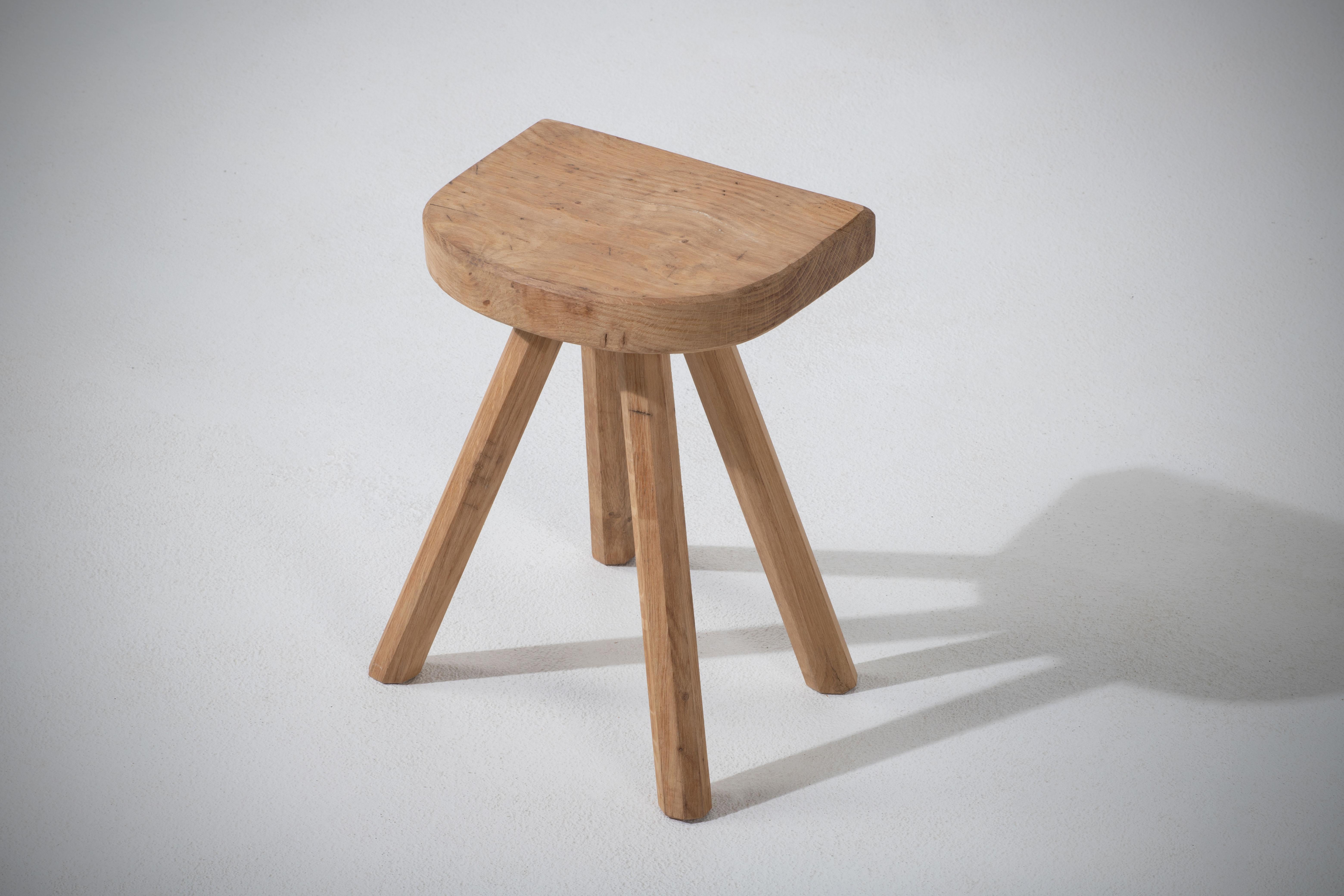 French Midcentury Oak Stool, Tripod Flared Feet, 1920s For Sale 2