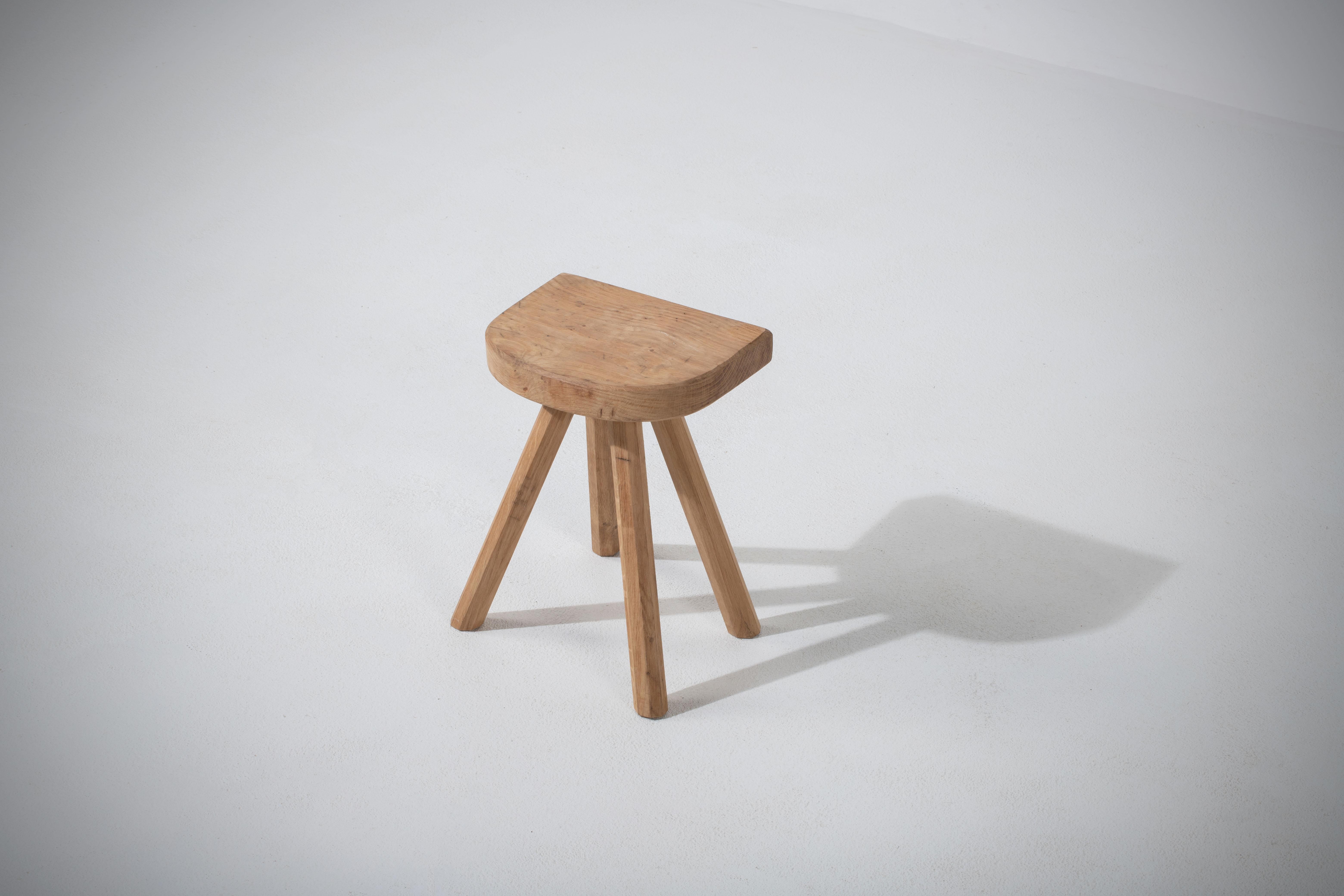 French Midcentury Oak Stool, Tripod Flared Feet, 1920s For Sale 3