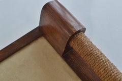 French Mid-Century Oak Tray with Rope Handles, Textured Glass, 1950s
