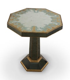French Midcentury Octagonal Ebonized Églomisé Pedestal End / Side Table