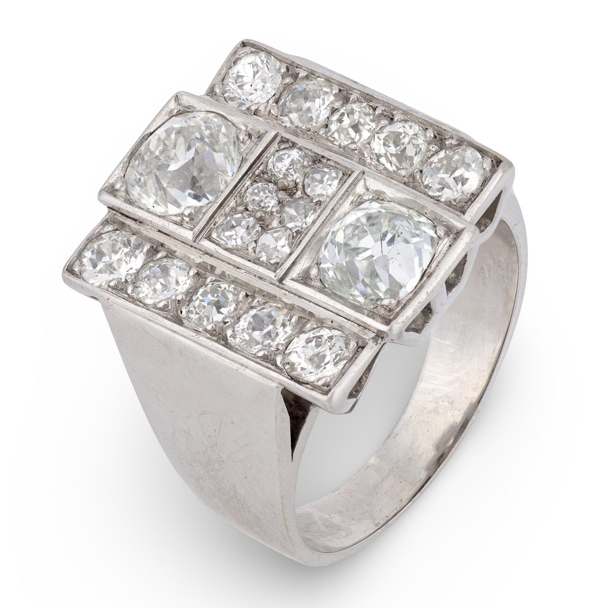 French Mid Century Old European cut diamond 18k white gold chunky ring For Sale