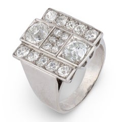 French Mid Century Old European cut diamond 18k white gold chunky ring