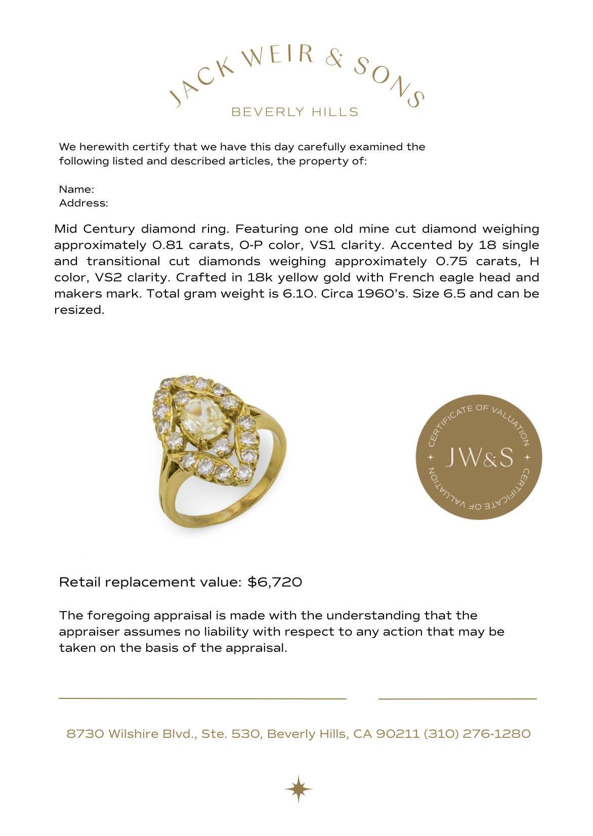 Bague navette en or jaune 18k avec diamant taille mine ancienne du milieu du siècle dernier en vente 2