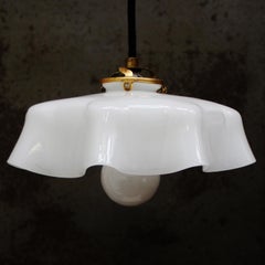 French Mid-Century Opaline Glass Pendant Light, Brass Fitting