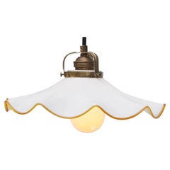 French Mid-Century Opaline Glass Pendant Light, Brass Fitting