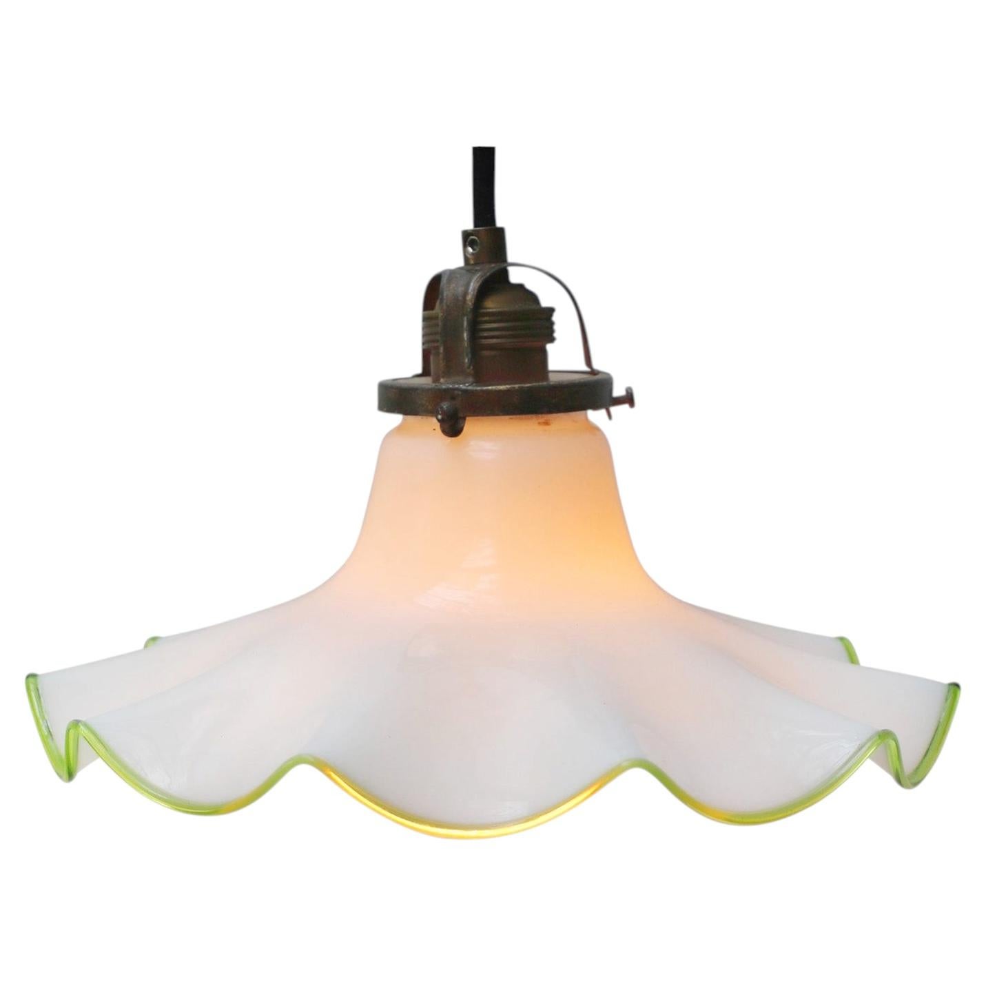French Mid-Century Opaline Glass Pendant Light, Brass Fitting