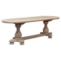 French Mid-Century Oval Trestle Table ~ Stripped Solid Oak