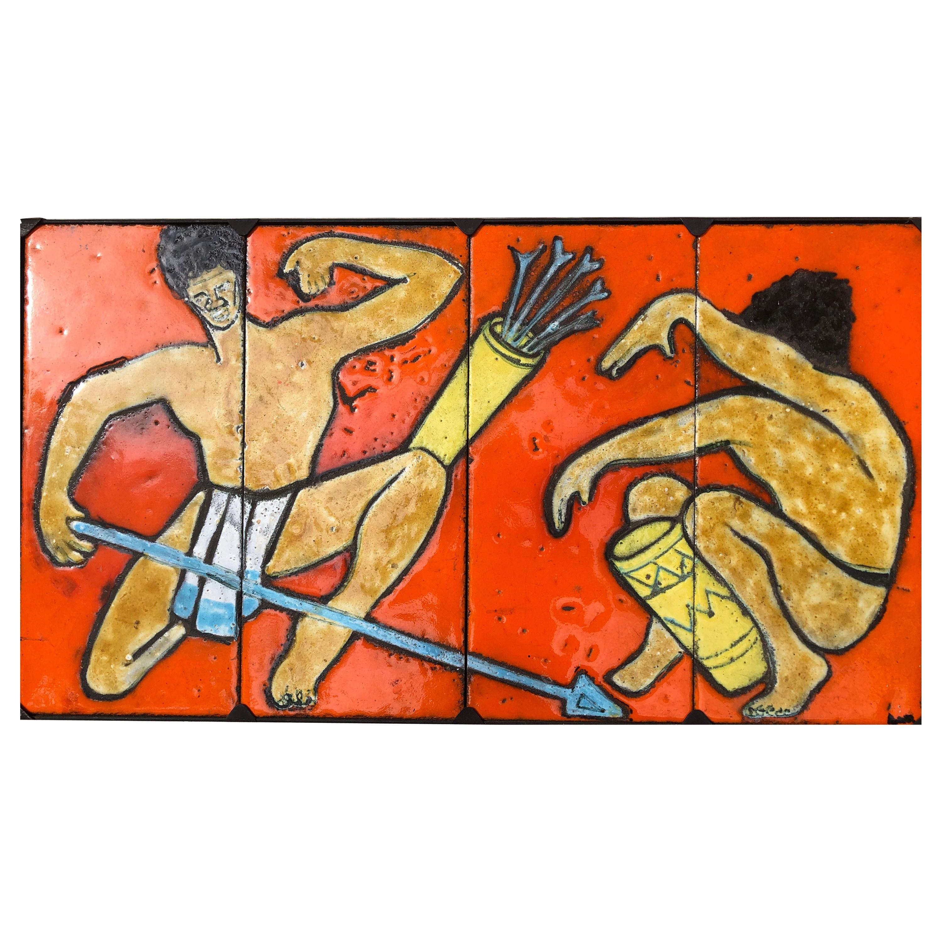 French Midcentury Painting, "La Danse" on Large Ceramic Panels by Vallauris