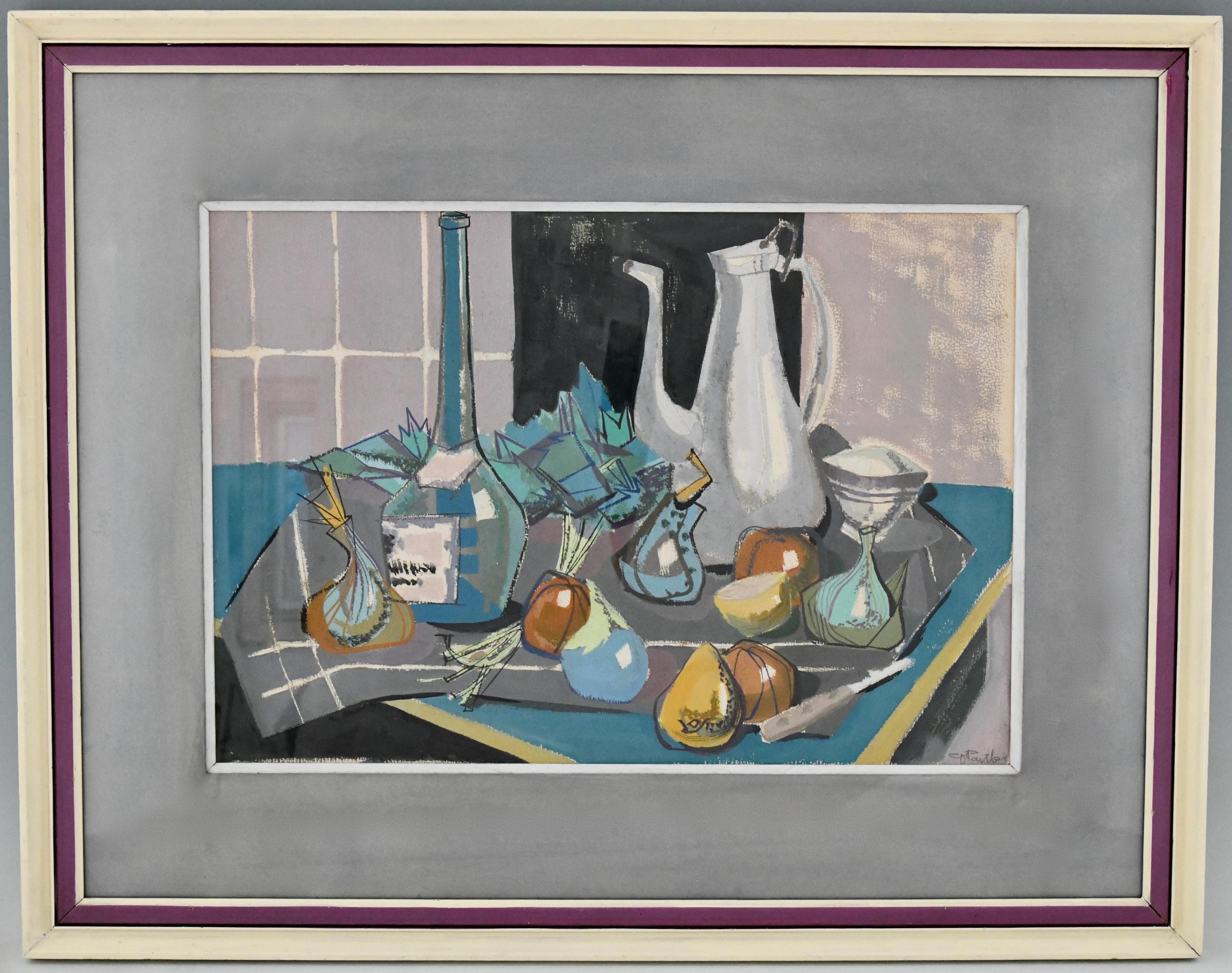 Mid century painting still life with coffee pot, bottle and fruit on a table by Michel Marie Poulain France, 1906-1991 Watercolor & gouache. Wooden frame, glazed.