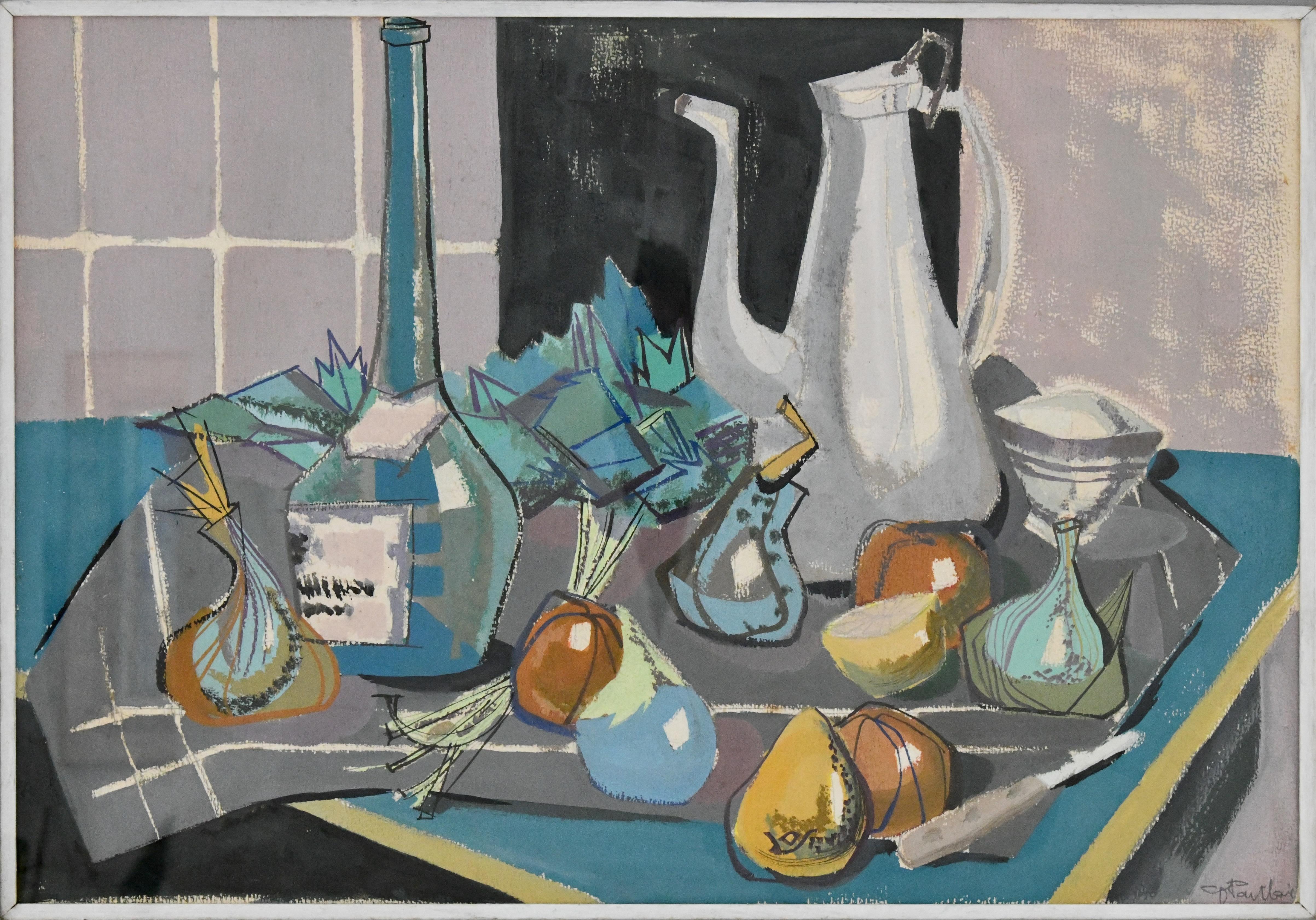 Mid-Century Modern French Mid Century Painting Still Life with Coffee Pot by Poulain, 1950 For Sale