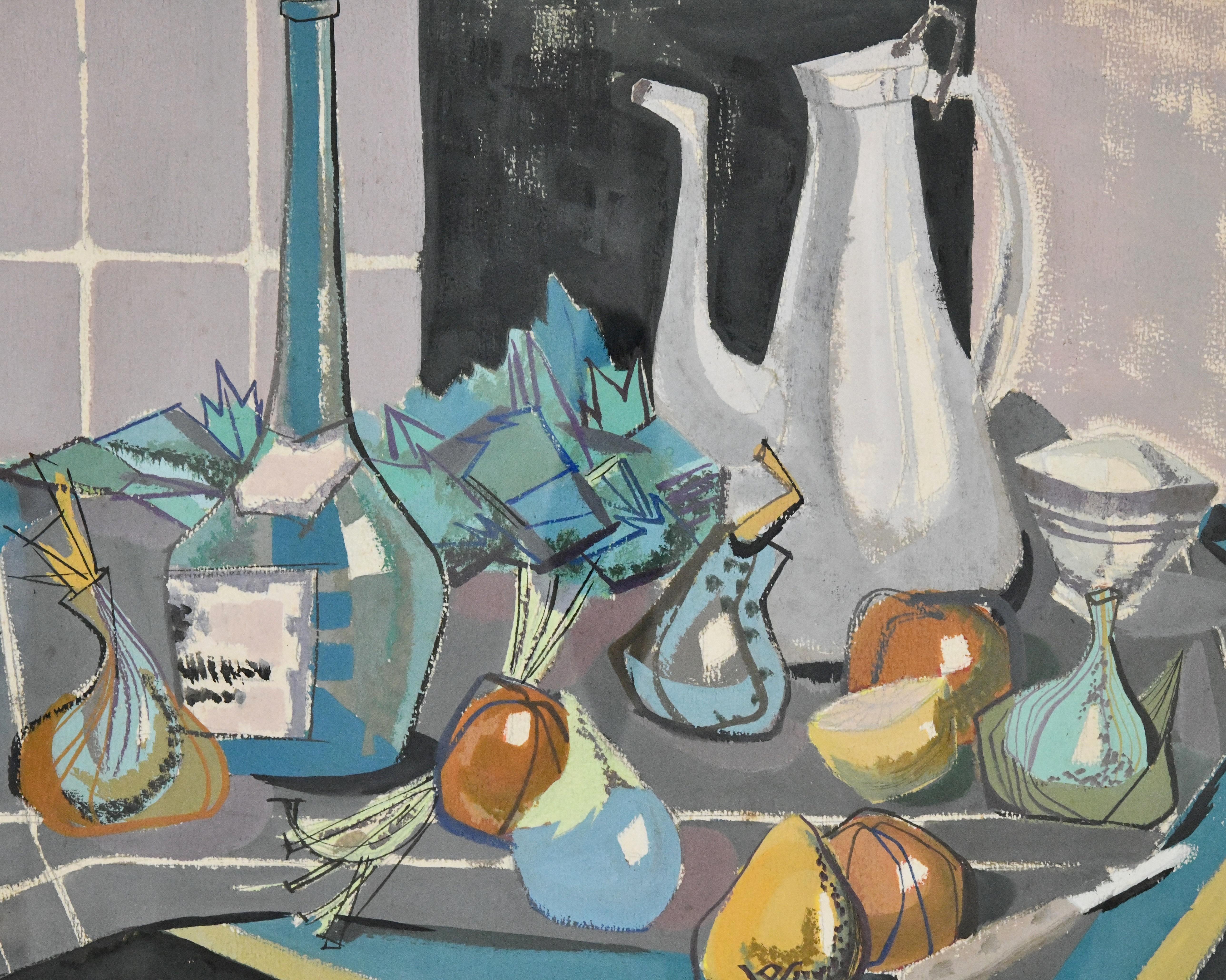 French Mid Century Painting Still Life with Coffee Pot by Poulain, 1950 In Good Condition For Sale In Antwerp, BE