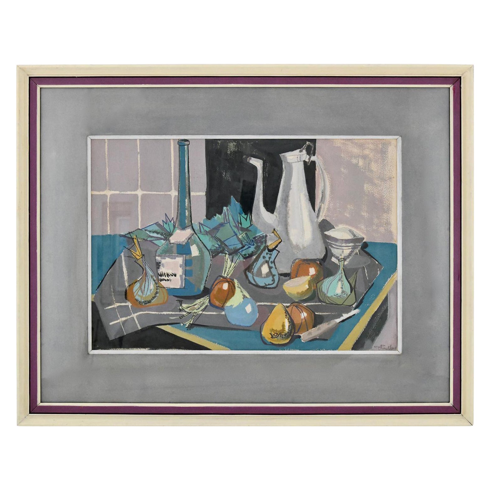 French Mid Century Painting Still Life with Coffee Pot by Poulain, 1950 For Sale